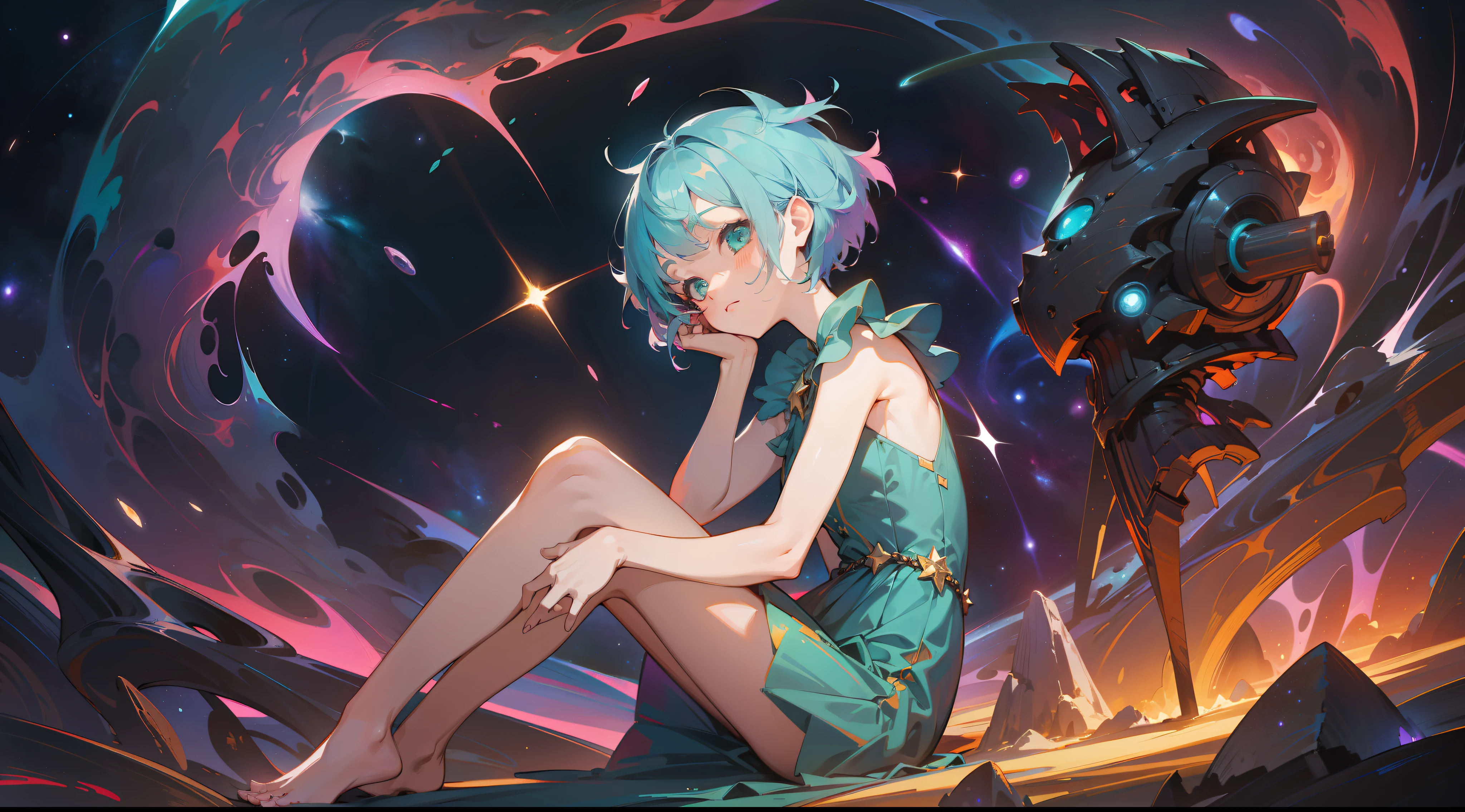 a young girl, wildly colored short hair, dark fantasy, teal simple and short dress, barefoot, cosmic nebula background, stars, galaxies