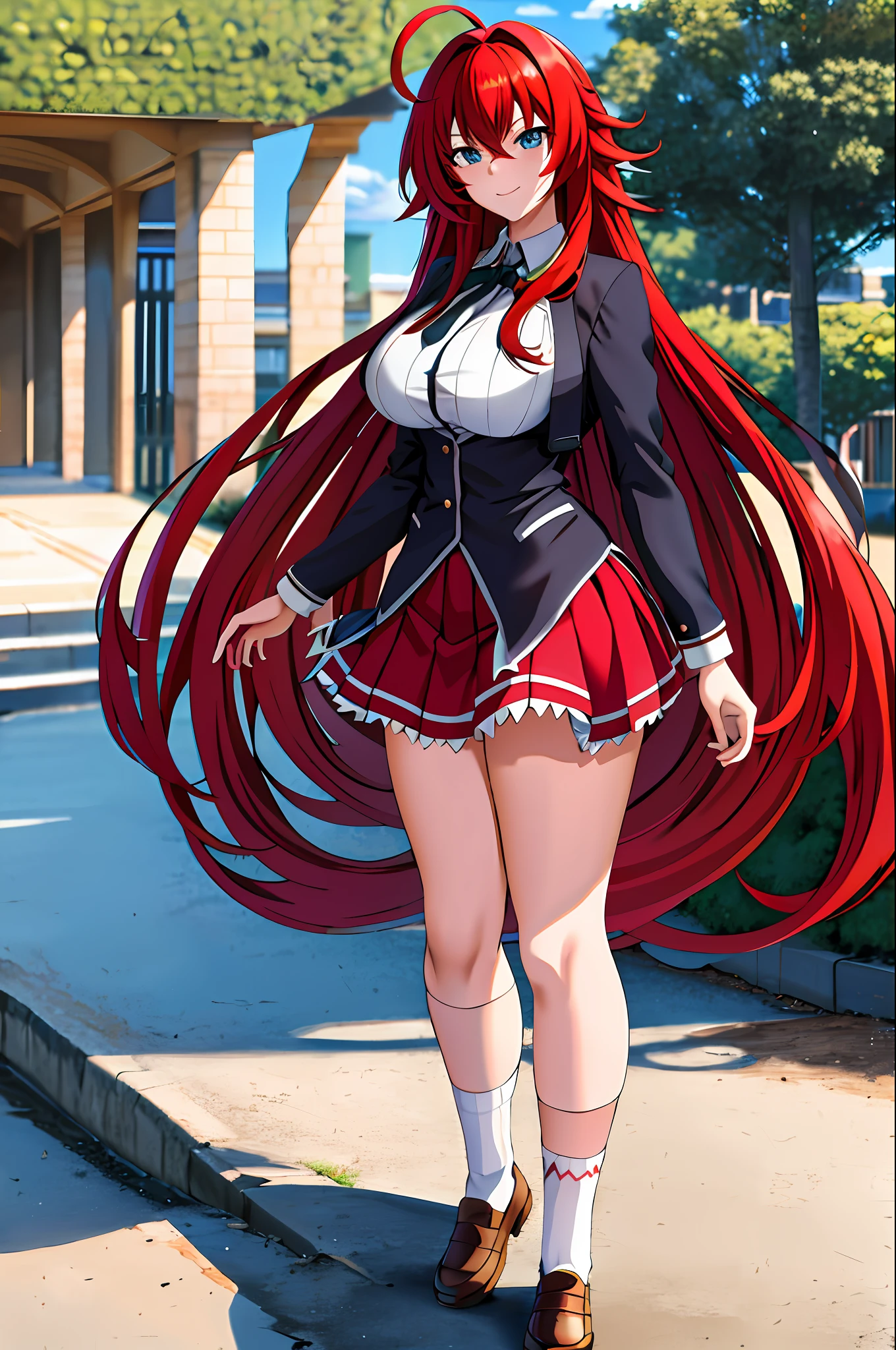 masterpiece, best quality, highres, best quality, highres, rias gremory, 1girl, long hair, school uniform, red hair, ahoge, blue eyes, large breasts, very long hair, breasts, skirt, huge ahoge, socks, standing, outdoors,