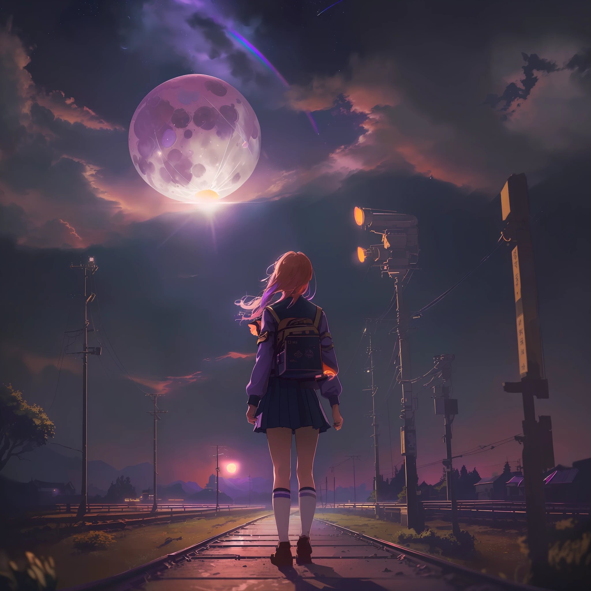 sentimental, sad atmosphere, nostalgic landscape, night view, vast landscape photo, Japan countryside, distant townscape, (((girl standing on the platform of an unmanned station)), school uniform, looking up at the sky, (full moon: 1.2),(meteor: 0.9),(nebula: 1.3), light of distant city, break craft art, lights, lots of purple and orange, intricate details, voluminous lighting, Realism BREAK, (1.2), (Best Quality), 4k, Ultra Detail, (Dynamic Composition: 1.4), Very Detail, Colorful Details, (Rainbow Color: 1.2), (Glow Lighting, Atmospheric Lighting), Magic hour,1girl, (Solo: 1.2), (((Fisheye))