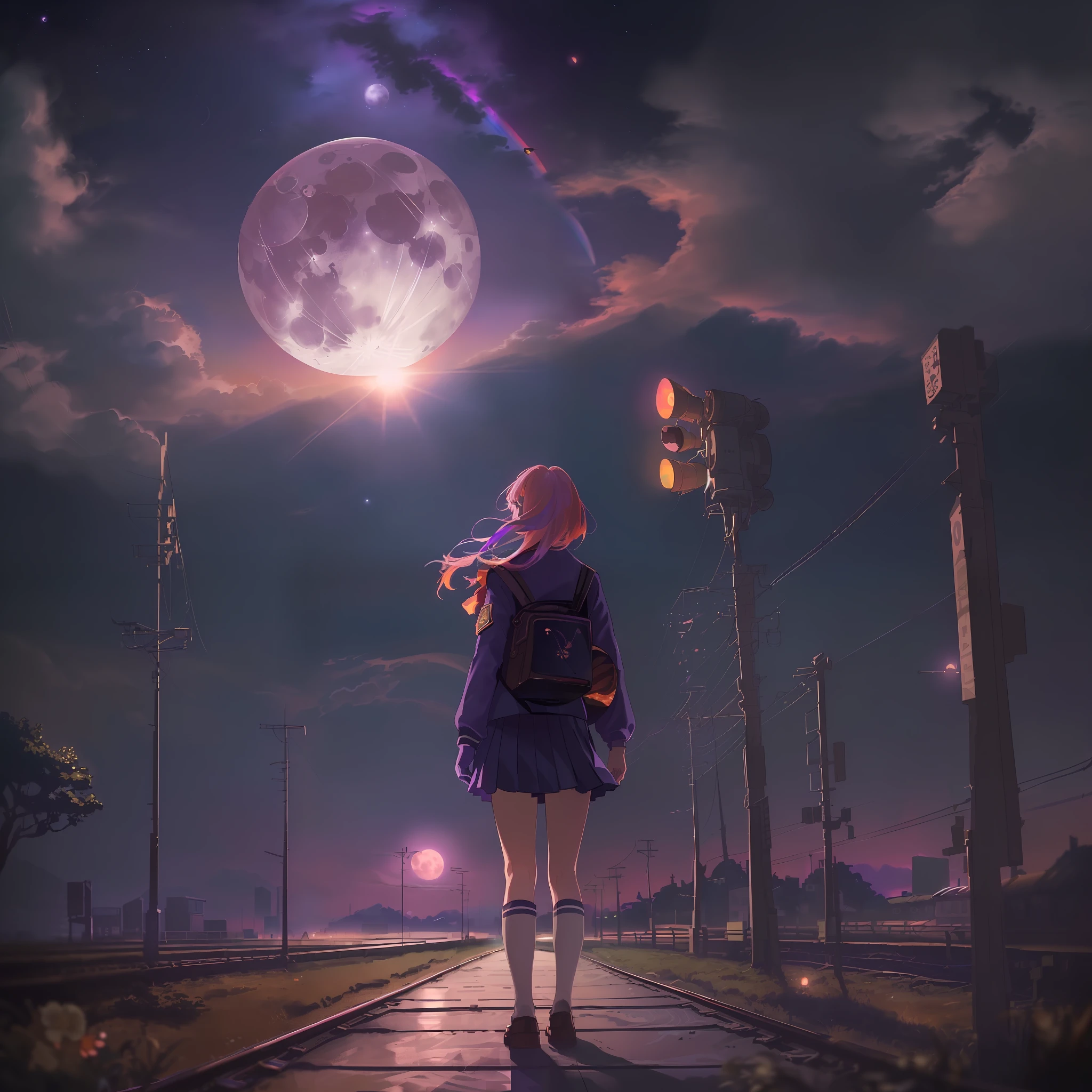 sentimental, sad atmosphere, nostalgic landscape, night view, vast landscape photo, Japan countryside, distant townscape, (((girl standing on the platform of an unmanned station)), school uniform, looking up at the sky, (full moon: 1.2),(meteor: 0.9),(nebula: 1.3), light of distant city, break craft art, lights, lots of purple and orange, intricate details, voluminous lighting, Realism BREAK, (1.2), (Best Quality), 4k, Ultra Detail, (Dynamic Composition: 1.4), Very Detail, Colorful Details, (Rainbow Color: 1.2), (Glow Lighting, Atmospheric Lighting), Magic hour,1girl, (Solo: 1.2), (((Fisheye))