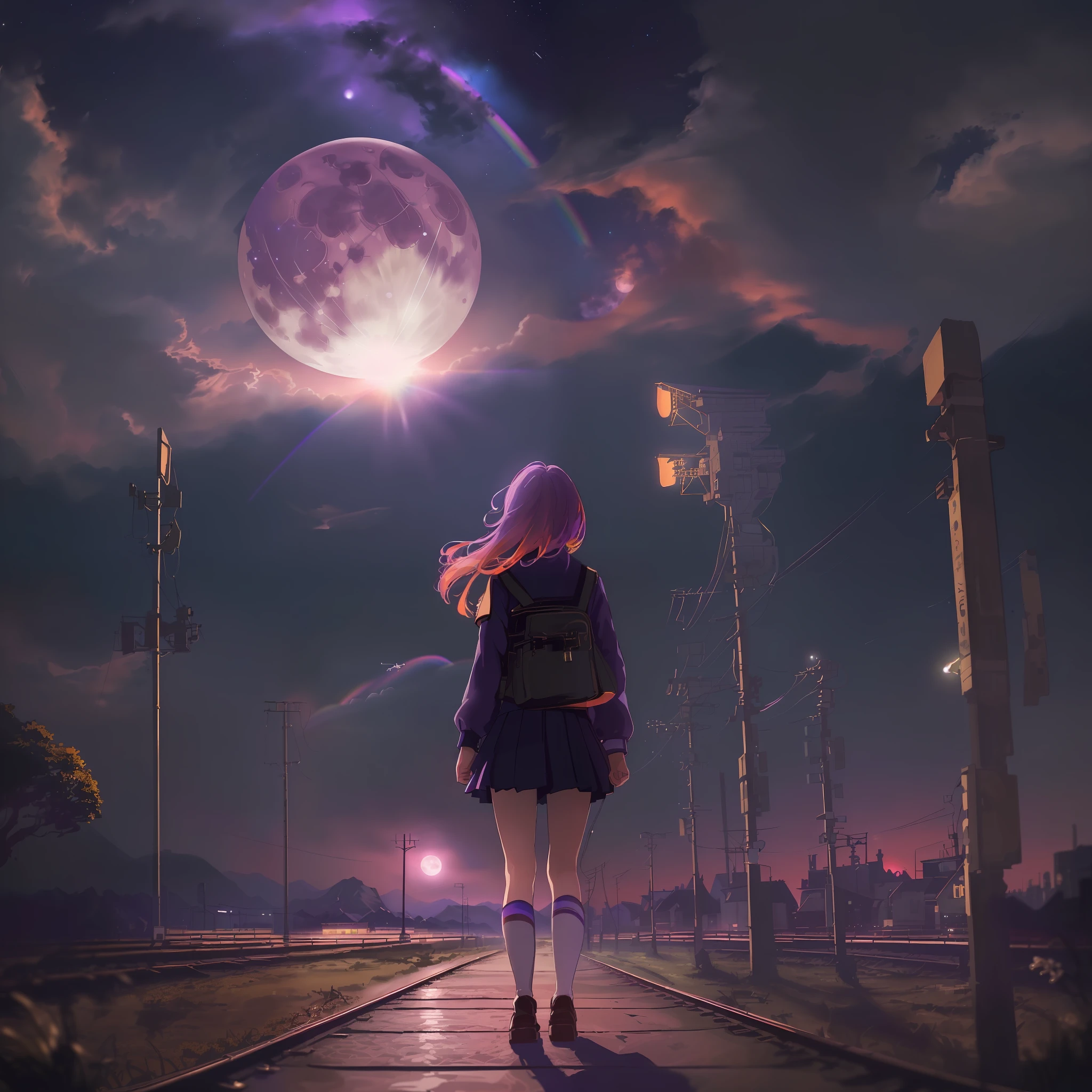 sentimental, sad atmosphere, nostalgic landscape, night view, vast landscape photo, Japan countryside, distant townscape, (((girl standing on the platform of an unmanned station)), school uniform, looking up at the sky, (full moon: 1.2),(meteor: 0.9),(nebula: 1.3), light of distant city, break craft art, lights, lots of purple and orange, intricate details, voluminous lighting, Realism BREAK, (1.2), (Best Quality), 4k, Ultra Detail, (Dynamic Composition: 1.4), Very Detail, Colorful Details, (Rainbow Color: 1.2), (Glow Lighting, Atmospheric Lighting), Magic hour,1girl, (Solo: 1.2), (((Fisheye))