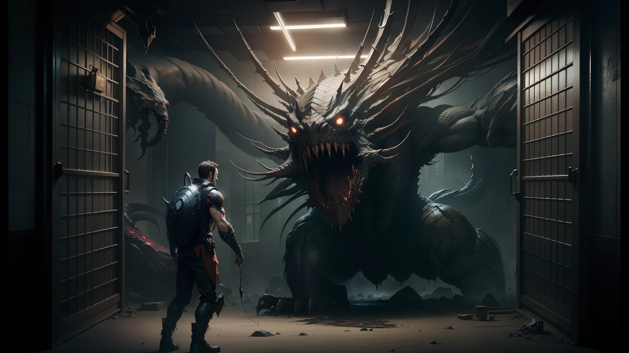 arafed man standing in a dark room with a giant monster in the background, weta workshop concept art, cgsociety 9, cgi art, movie concept art, photorealistic dark concept art, demogorgon, concept art for movies, concept art for movie, highly detailed surreal vfx, promotional images, game cg, resident evil virus concept art, movie promotional image --auto --s2