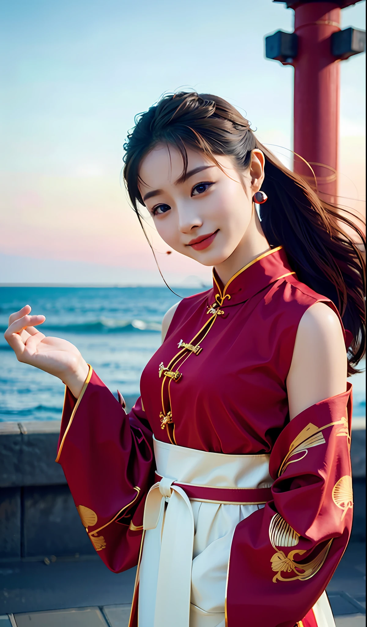 (Masterpiece: 1.5), Woman posing in Noble Red Chinese Traditional Dress, High Resolution, 8k, 1 Woman with Outstanding Style, Slender Woman, Smiling, Toothless Smile, Brilliantly Painted Hair, (Sand: 0.8), (Hair Fluttering in the Wind: 1.2), (Flat Chest: 1.2), Daytime, Beautiful Sunset, Bright, Outdoor, Standing by the Sea, Coast, Seaside, (People, Crowd: 1), noble red long sexy China traditional dress, noble red long chinese traditional dress, beautiful legs visible from slit, standing, gorgeous, middle hair, upstyle, updo: 1.5, beautiful detailed sky, beautiful earrings, (dynamic pose: 0.8), ( Whole body: 1.2), soft lighting, wind, glossy skin, (camera gaze: 1.5), (photorealistic photos: 1.5), natural light, (high detail skin: 1.2), 8K UHD, DSLR, high quality, high resolution, 4K, 8K, (noble red chinese traditional dress:1.2)