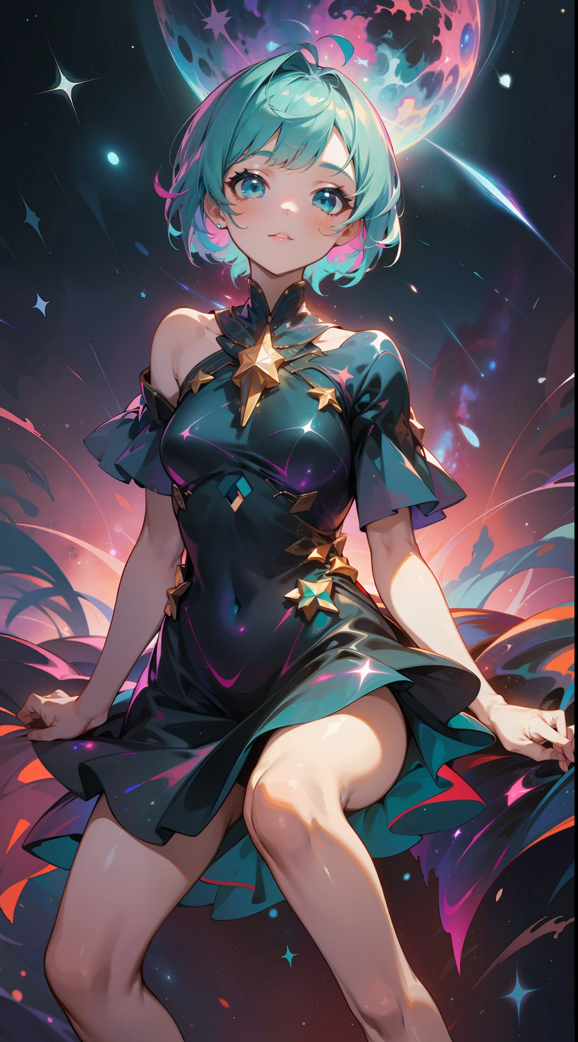 a young girl, wildly colored short hair, dark fantasy, teal simple and short dress, barefoot, cosmic nebula background, stars, galaxies