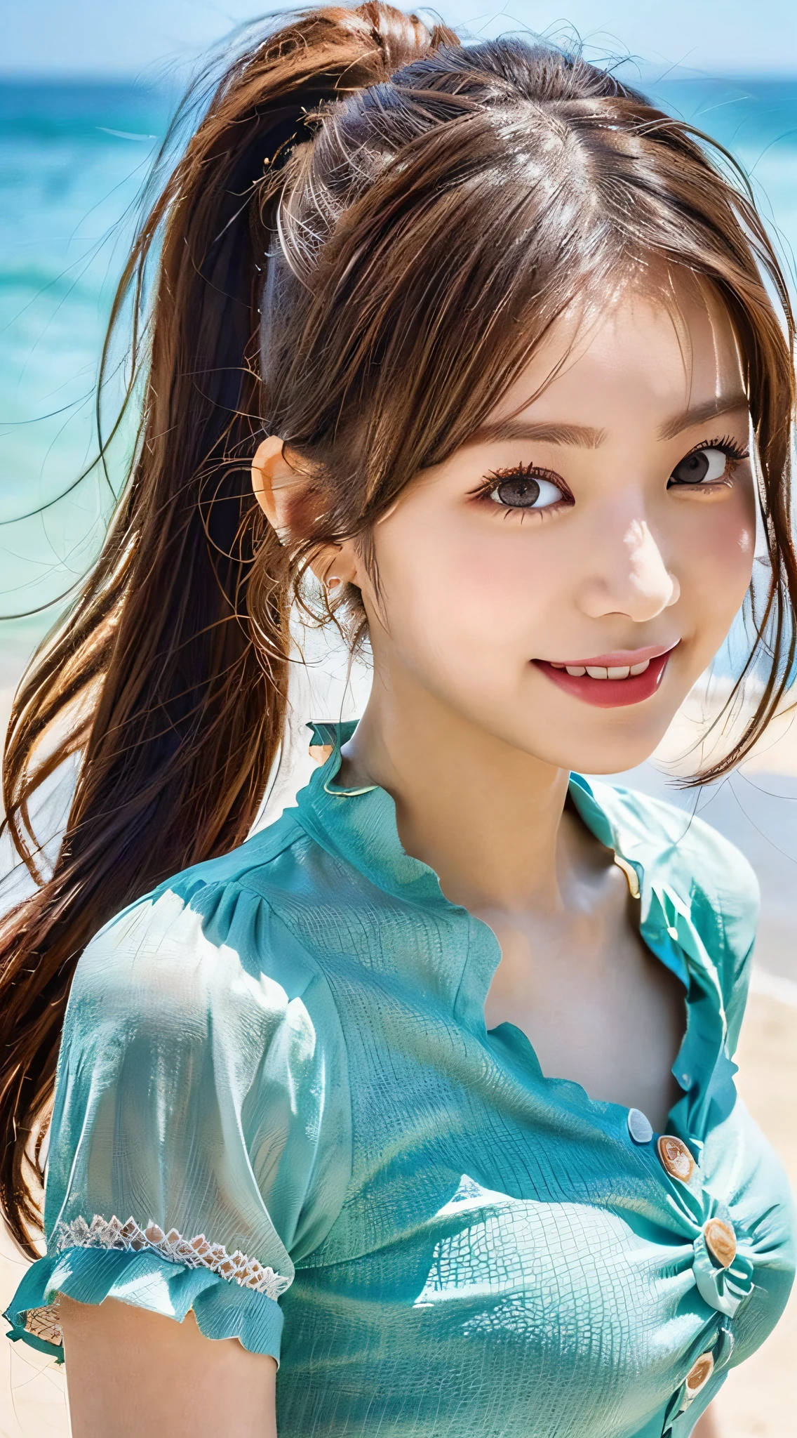 (Crowded sea in summer), Top Quality, Ultra HD, Girls, (Blouse),((Beautiful hair and beautiful big eyes)), Smile,High Contrast, (Photorealistic:1.4),(Ponytail),Looking at camera,Flash shot
