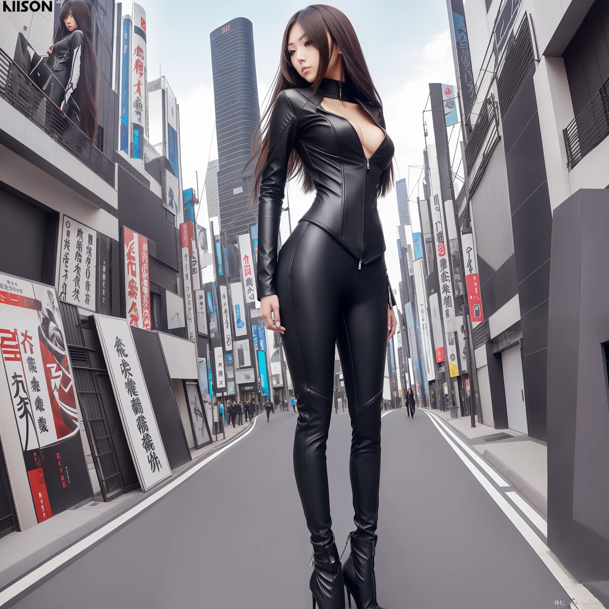 Real Black full-body black rider suit Open zipper on chest Japan person Gentle eyes Face length Long hair to the waist Model style 1 person Female tall Long legs Hair brown Day City Blue sky Black high heels Legs thin Ass not big --auto --s2