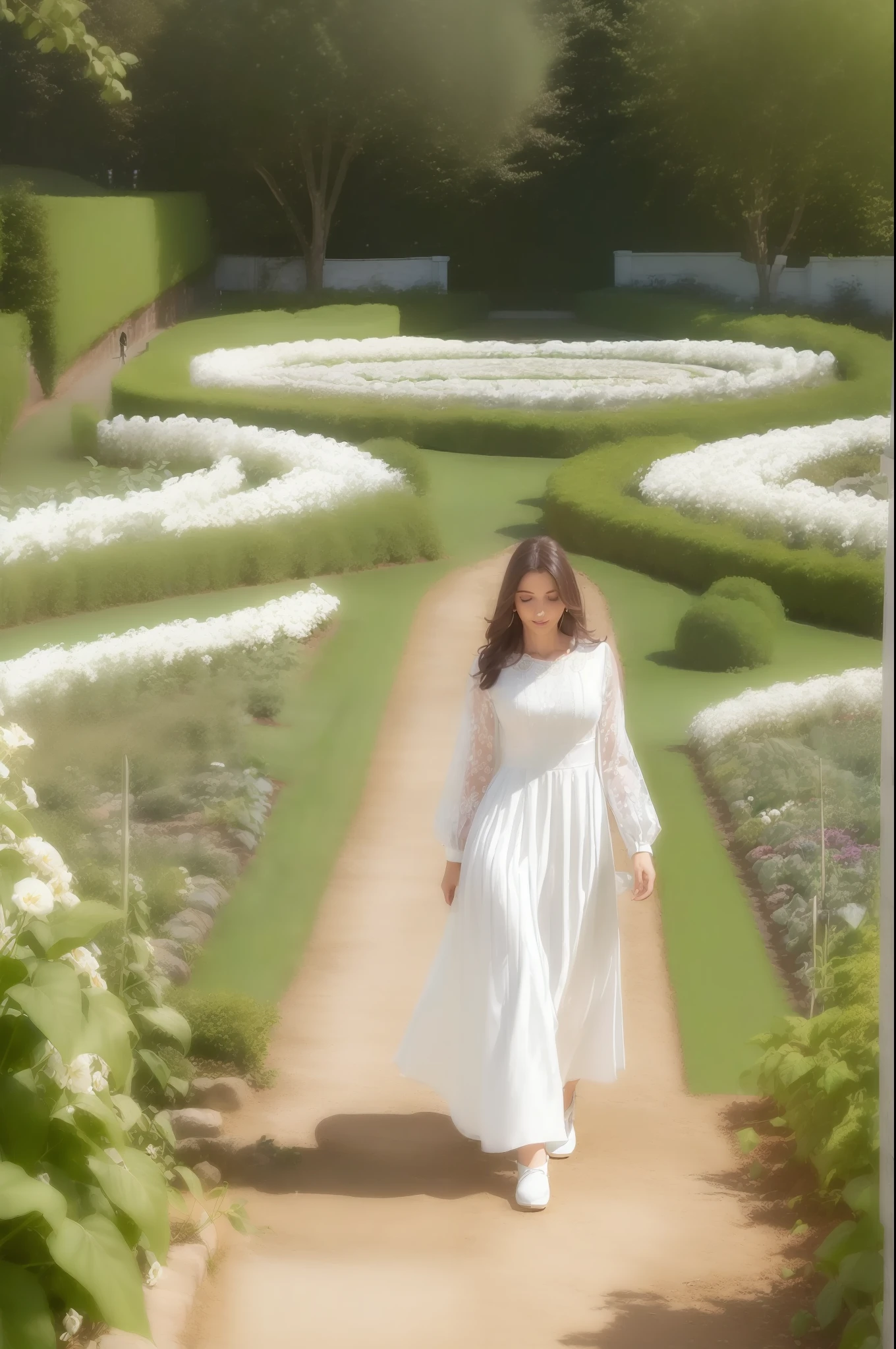 ((((Woman Walking in the garden with traditional white dress))))best quality, masterpiece, realistic photo, 8k, 4k, extreme resolution, ultra high resolution, dynamic lighting, real lighting,sophiadiamond, look_at_viewer, smile, regatta, jeans,