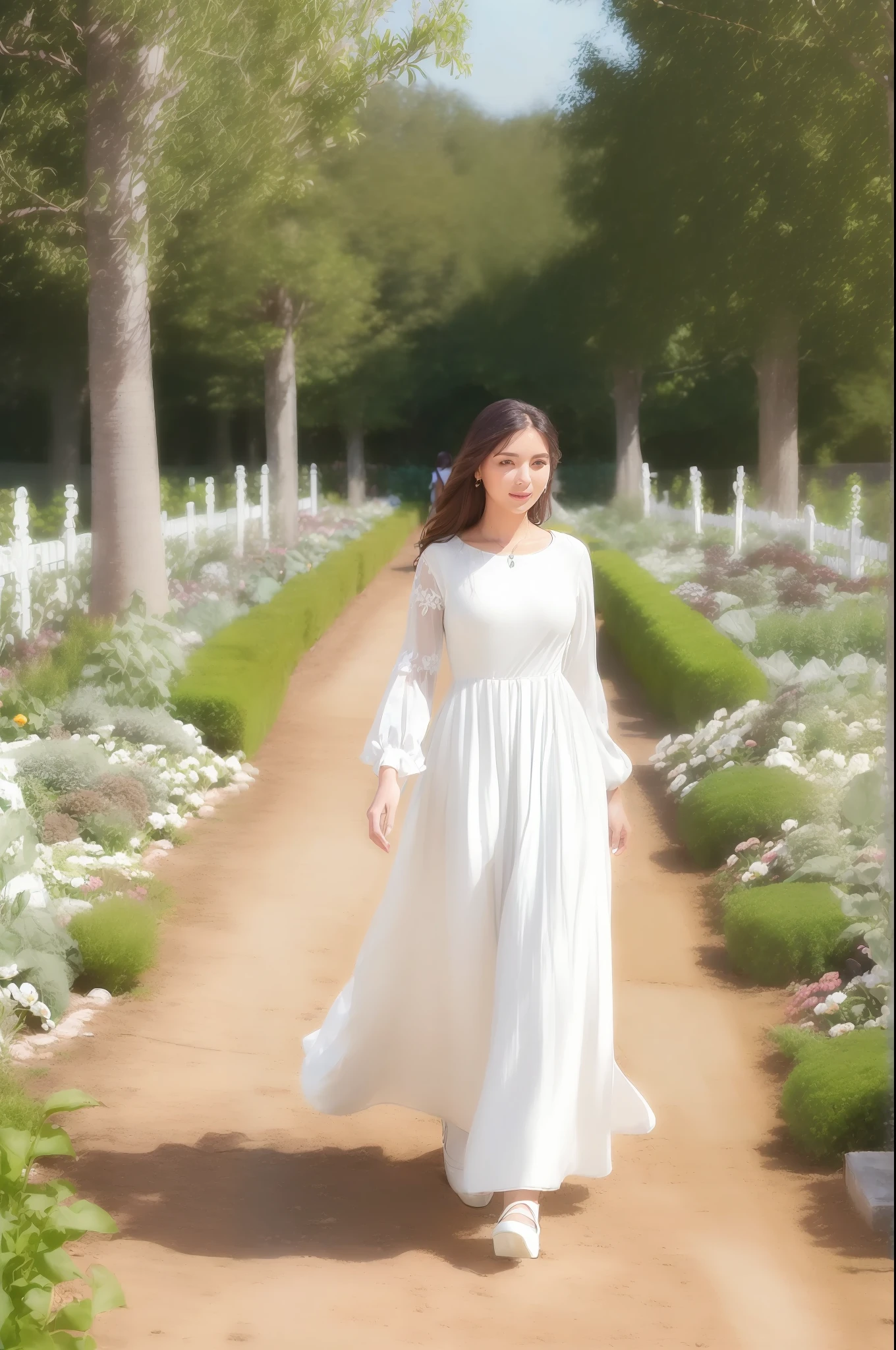 ((((Woman Walking in the garden with traditional white dress))))best quality, masterpiece, realistic photo, 8k, 4k, extreme resolution, ultra high resolution, dynamic lighting, real lighting,sophiadiamond, look_at_viewer, smile, regatta, jeans,