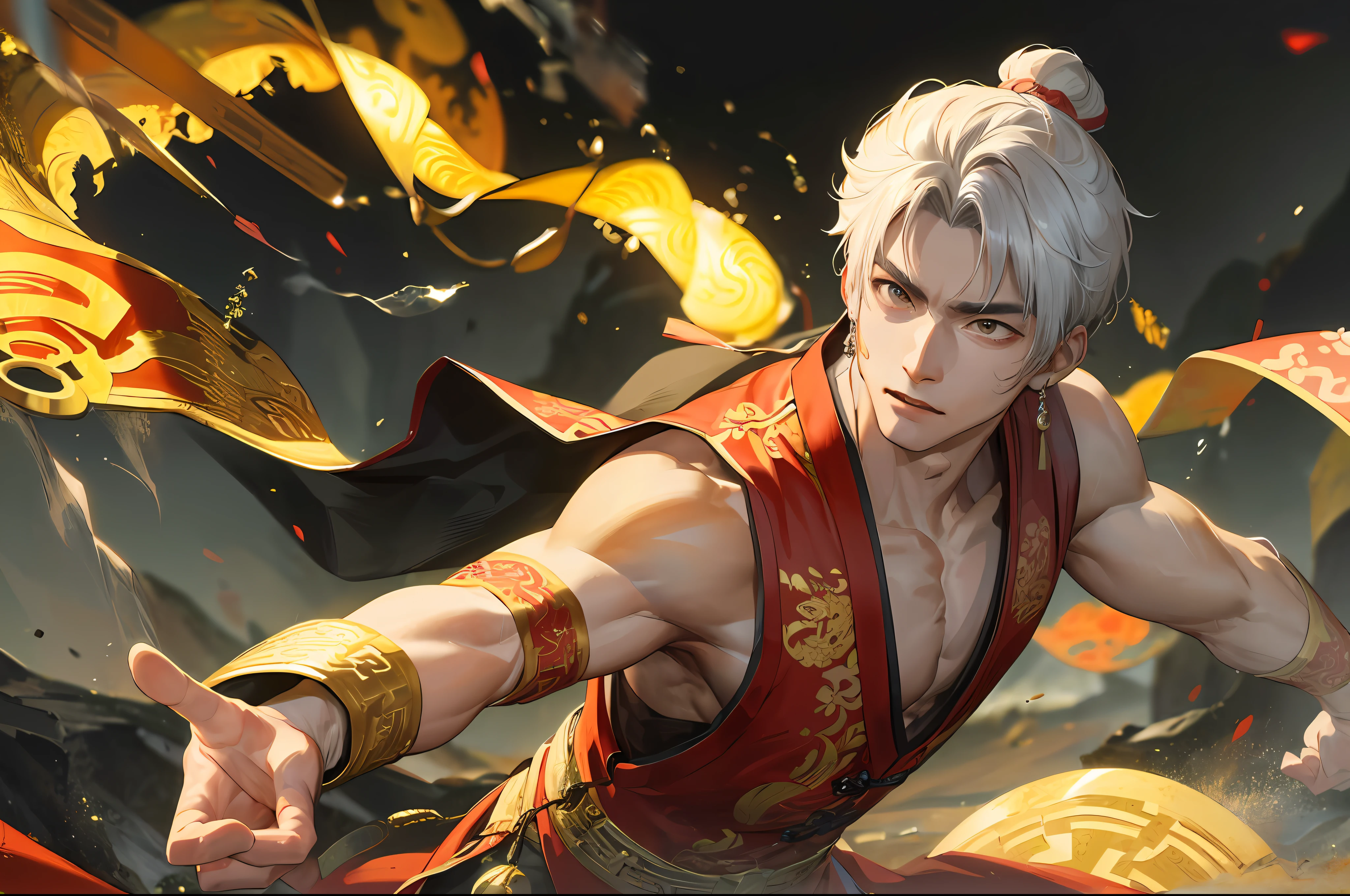Masterpiece, Excellent, Daytime, 1 person, mature man, Chinese style, ancient Chinese strong body, exercise, harsh environment, clear face, exquisite facial features. High resolution.