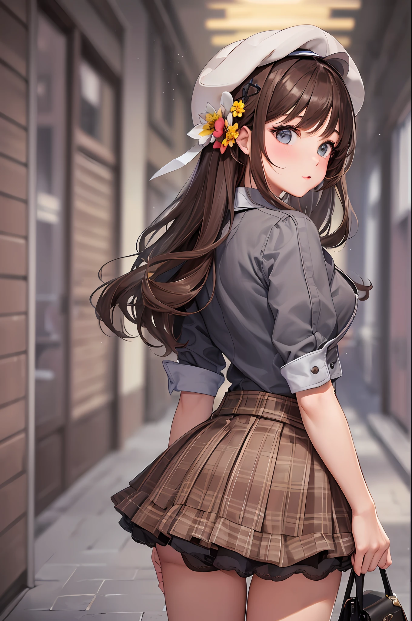 Girl Going to the Library, Mini Skirt, Brown Hair, ((Best Quality, 8K, Masterpiece: 1.3)), (Flower Cap: 1.3), Focus: 1.2, Perfect Body Beauty: 1.4, Ass: 1.2, (Layered Haircut: 1.2)) --auto --s2