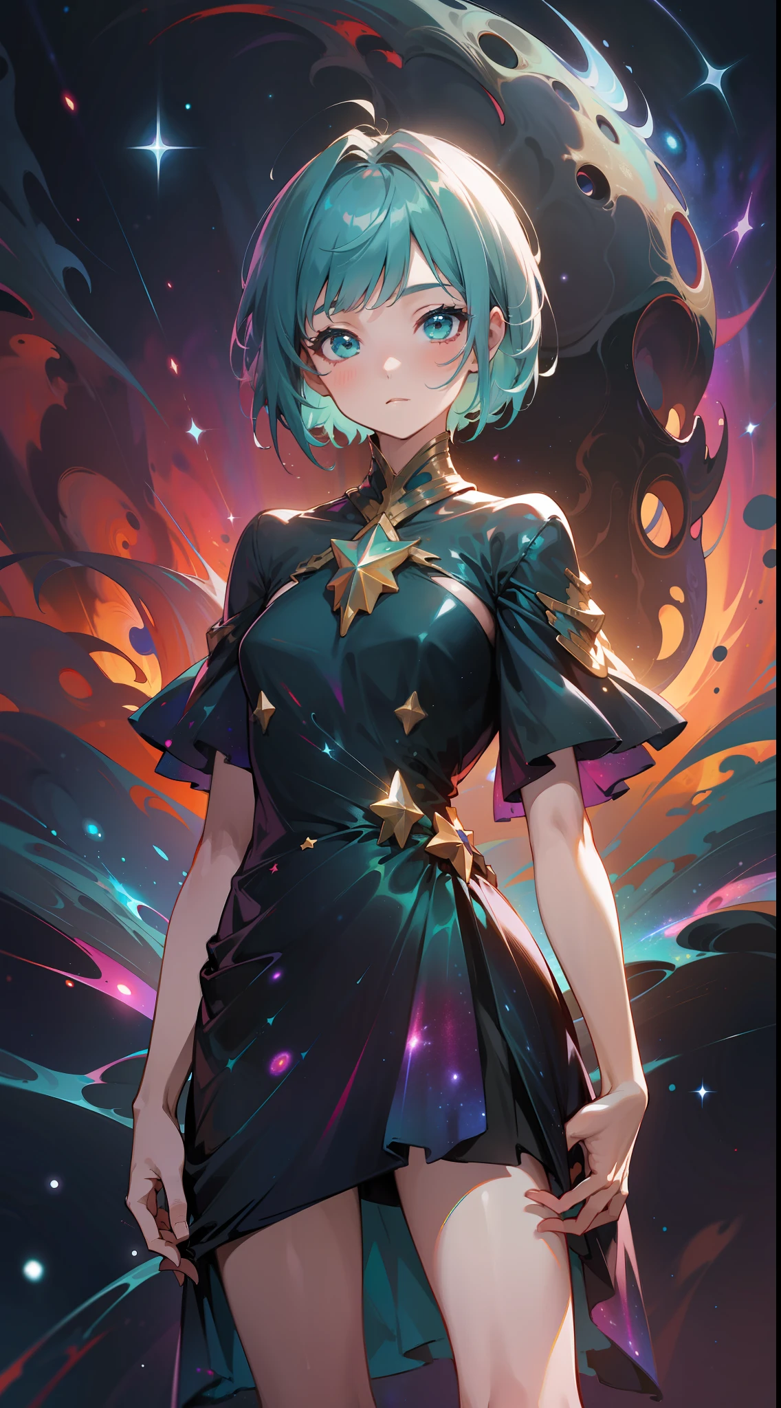 a girl, wildly colored short hair, dark fantasy, teal simple and short dress, barefoot, standing, cosmic nebula background, stars, galaxies