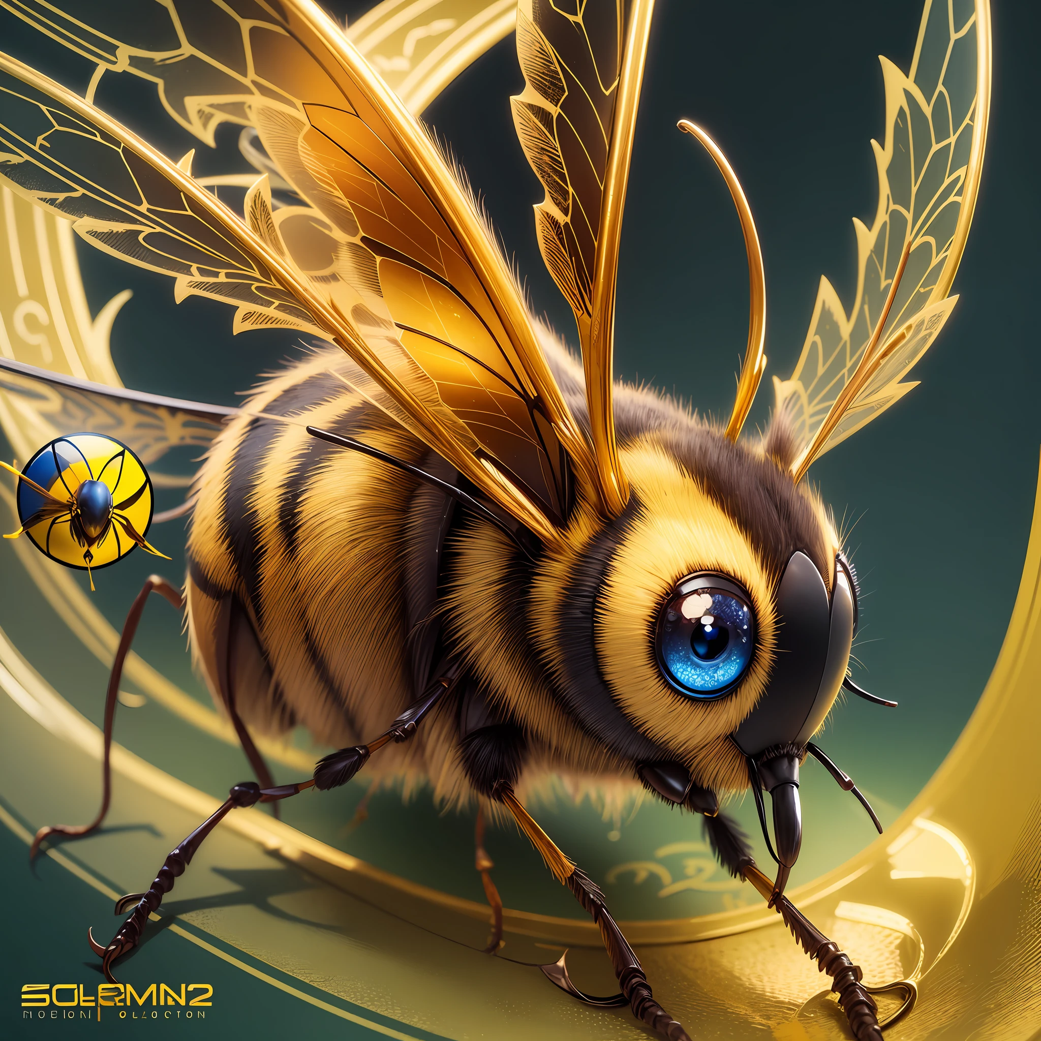a golden emblem with a yellow wasp on it which has read eyes, blue background --auto --s2