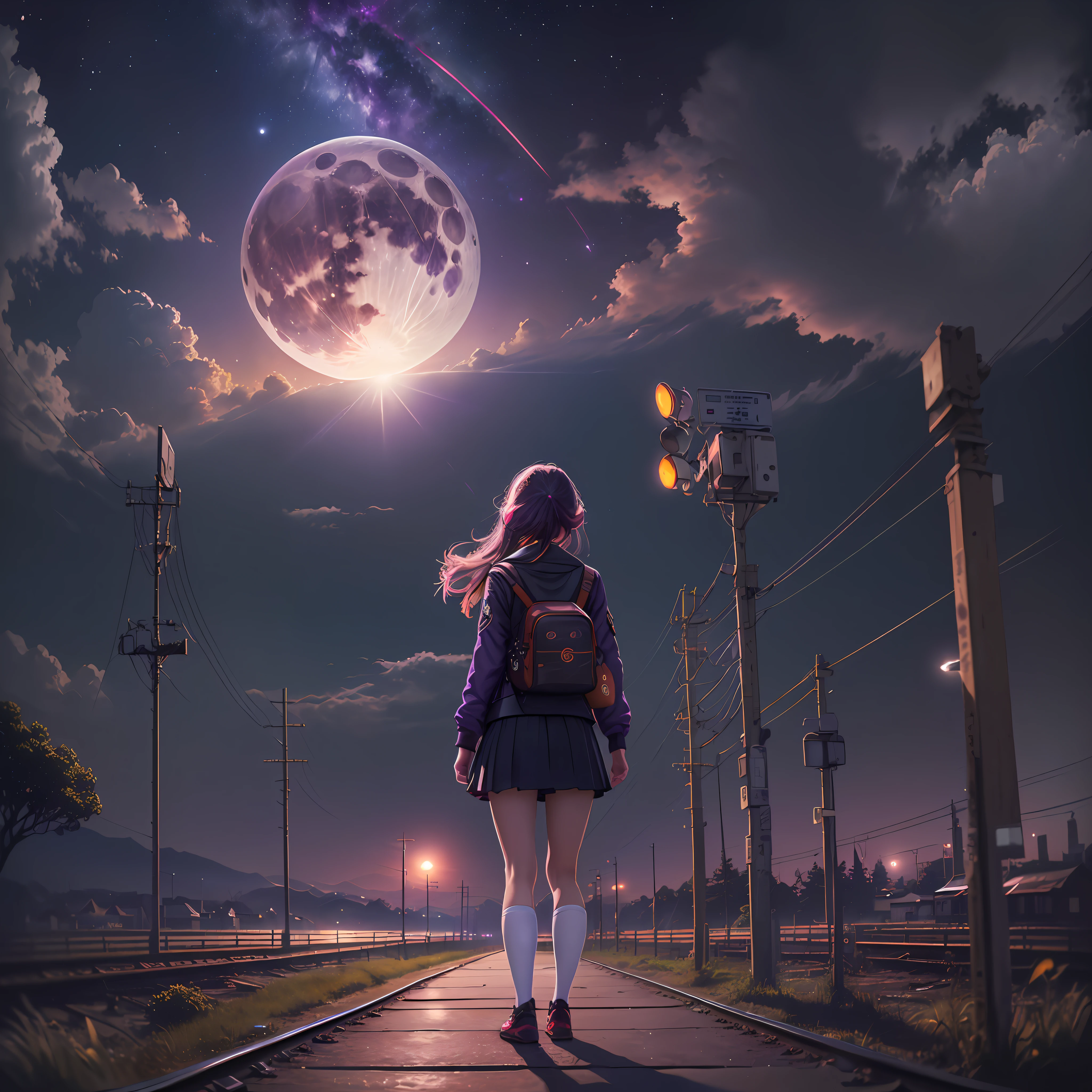 sentimental, sad atmosphere, nostalgic landscape, night view, vast landscape photo, Japan countryside, distant townscape, (((girl standing on the platform of an unmanned station)), school uniform, looking up at the sky, (full moon: 1.2),(meteor: 0.9),(nebula: 1.3), light of distant city, break craft art, lights, lots of purple and orange, intricate details, voluminous lighting, Realism BREAK, (1.2), (Best Quality), 4k, Ultra Detail, (Dynamic Composition: 1.4), Very Detail, Colorful Details, (Rainbow Color: 1.2), (Glow Lighting, Atmospheric Lighting), Magic hour,1girl, (Solo: 1.2), (((Fisheye))