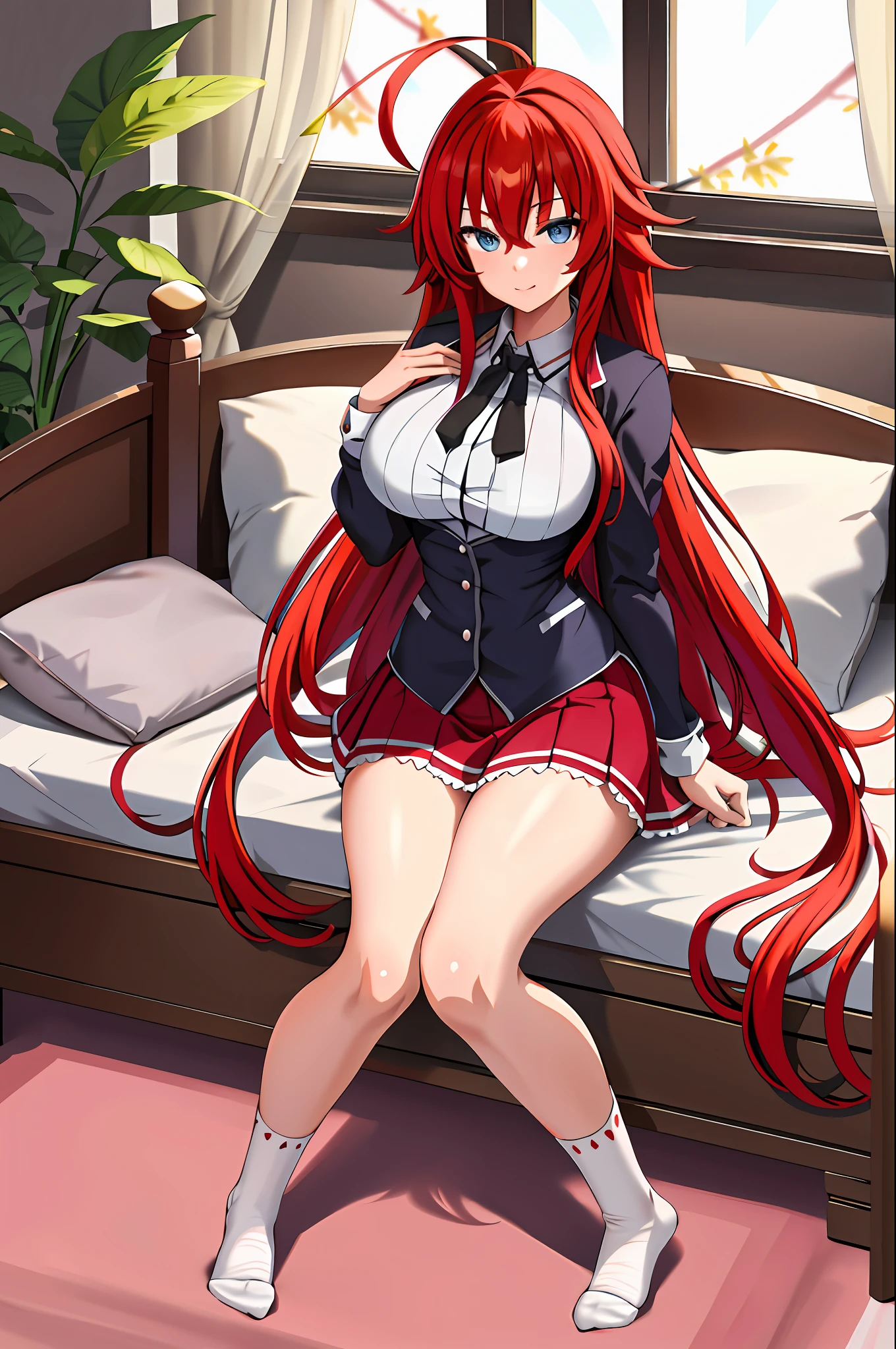 masterpiece, best quality, highres, best quality, highres, rias gremory, 1girl, long hair, school uniform, red hair, ahoge, blue eyes, large breasts, very long hair, breasts, skirt, huge ahoge, socks, sitting, bed, pillow, window,