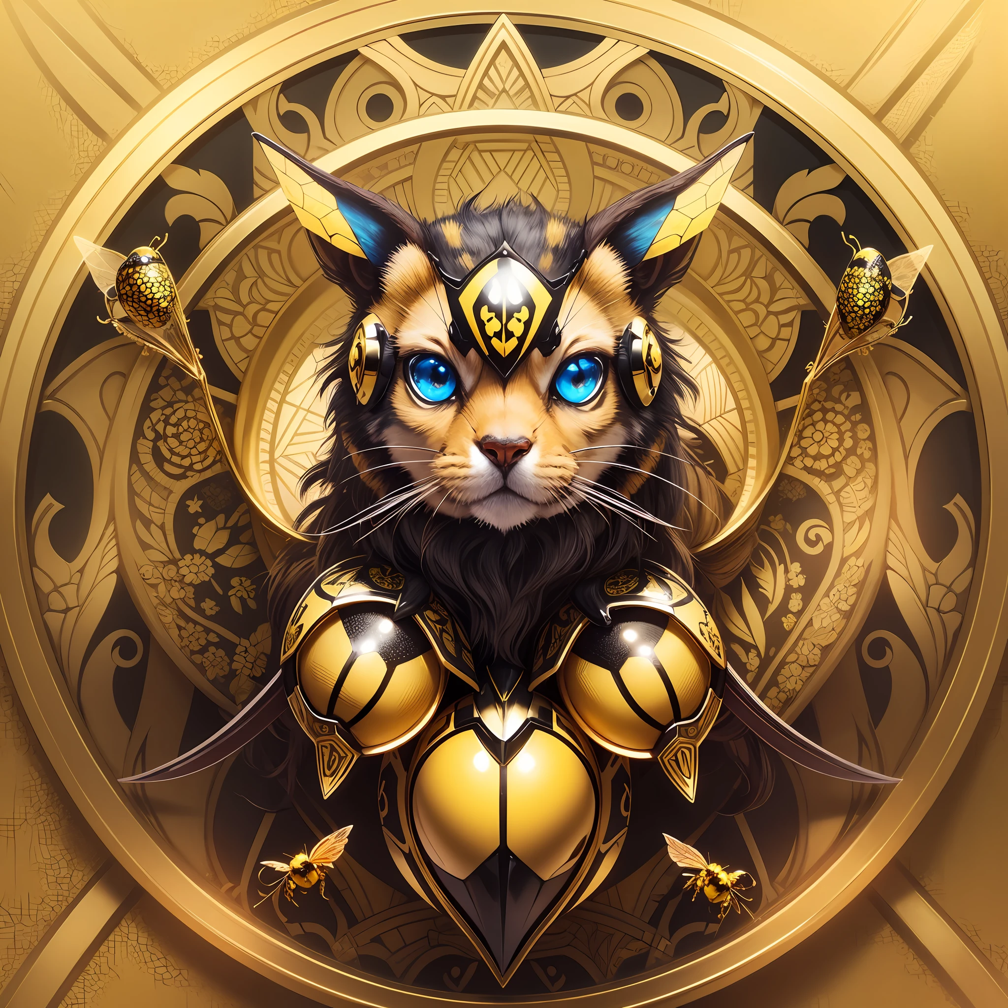 a golden emblem with a yellow wasp on it which has read eyes, blue background --auto --s2