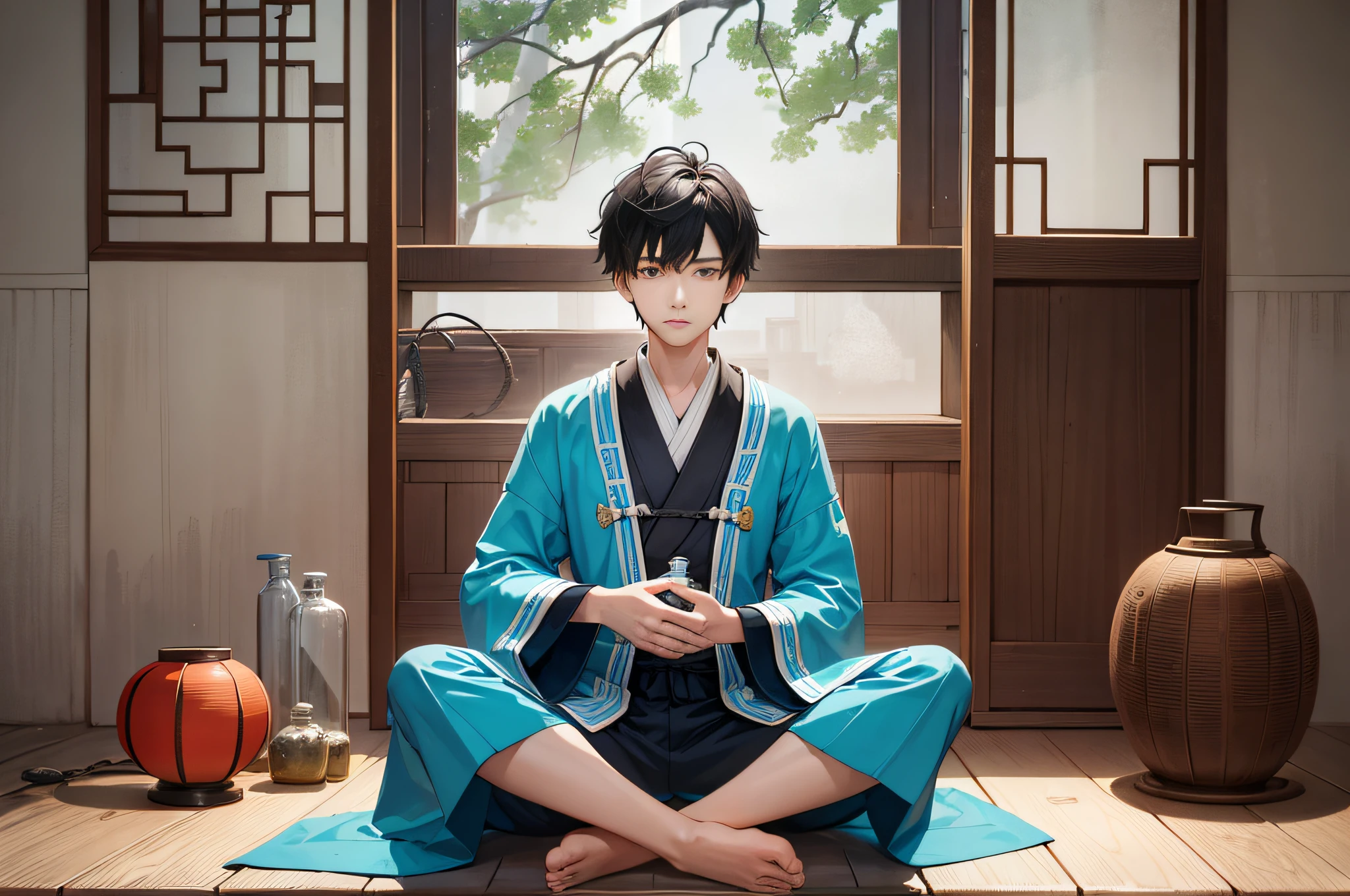 An 18-year-old boy with short black hair and a cyan practice robe. Sitting in the house, holding a medicine bottle in his hand, Chinese ancient style, Chinese martial arts style.