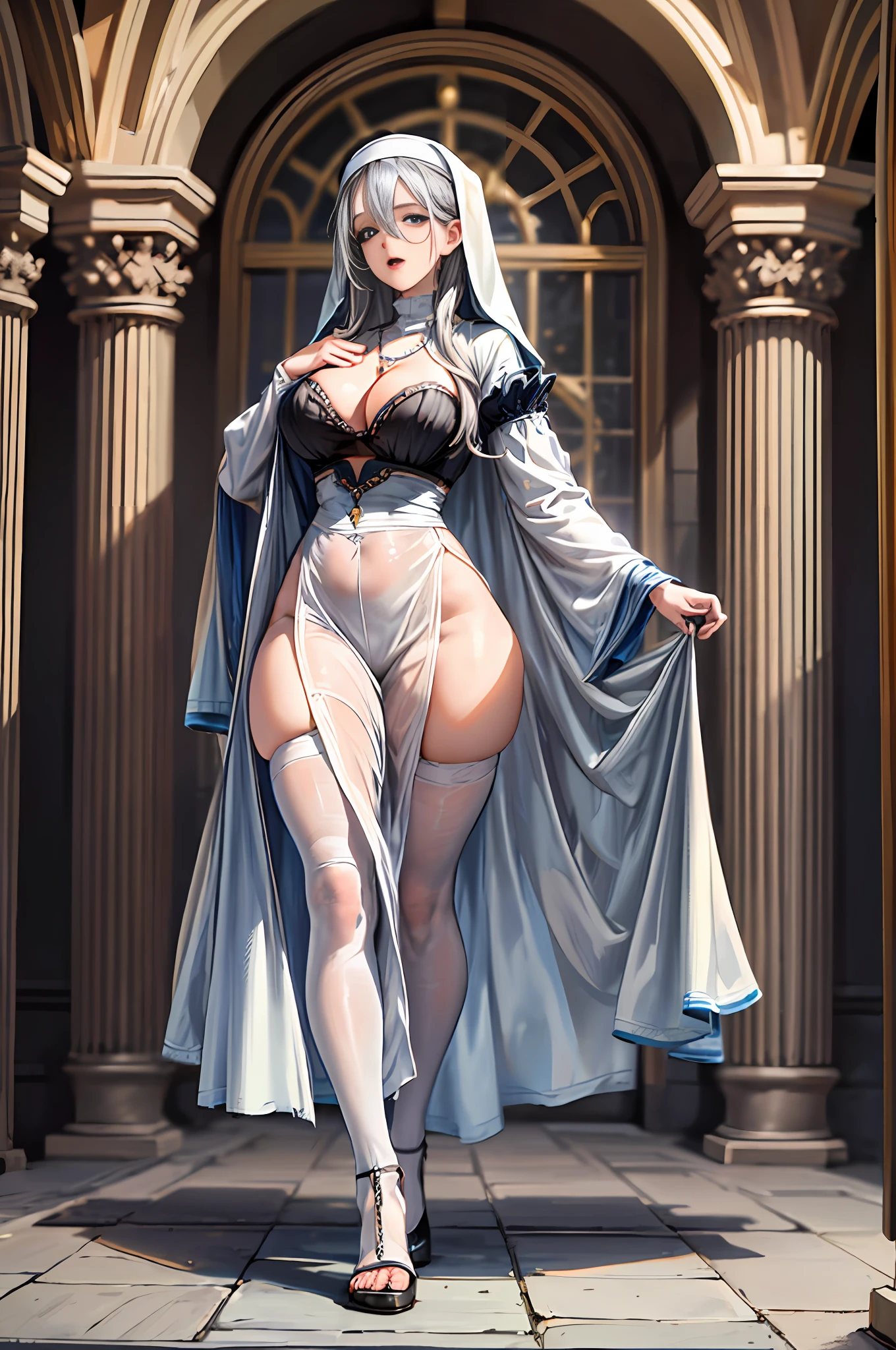 Best quality, masterpiece, high resolution, ultra-realistic 8k CG, beautiful girl with gray hair, blue eyes, open mouth, puffy, plump body, nun bandana, (tunic|nun dress), fleshy thighs, (full body white pantyhose), high heels, (full body), looking at the audience, symmetrical, charming, complex, sexy, elegant, hands interlocked, hair accessories, necklaces, cleavage, Tyndall effect, realistic, dark studio, edge lighting, two-tone lighting, (High Detail skin: 1.2), 8K UHD, DSLR, Soft Light, High Quality, Volumetric Light, Voyeur, Photo, High Resolution, 4K, 8K, Background Blur,