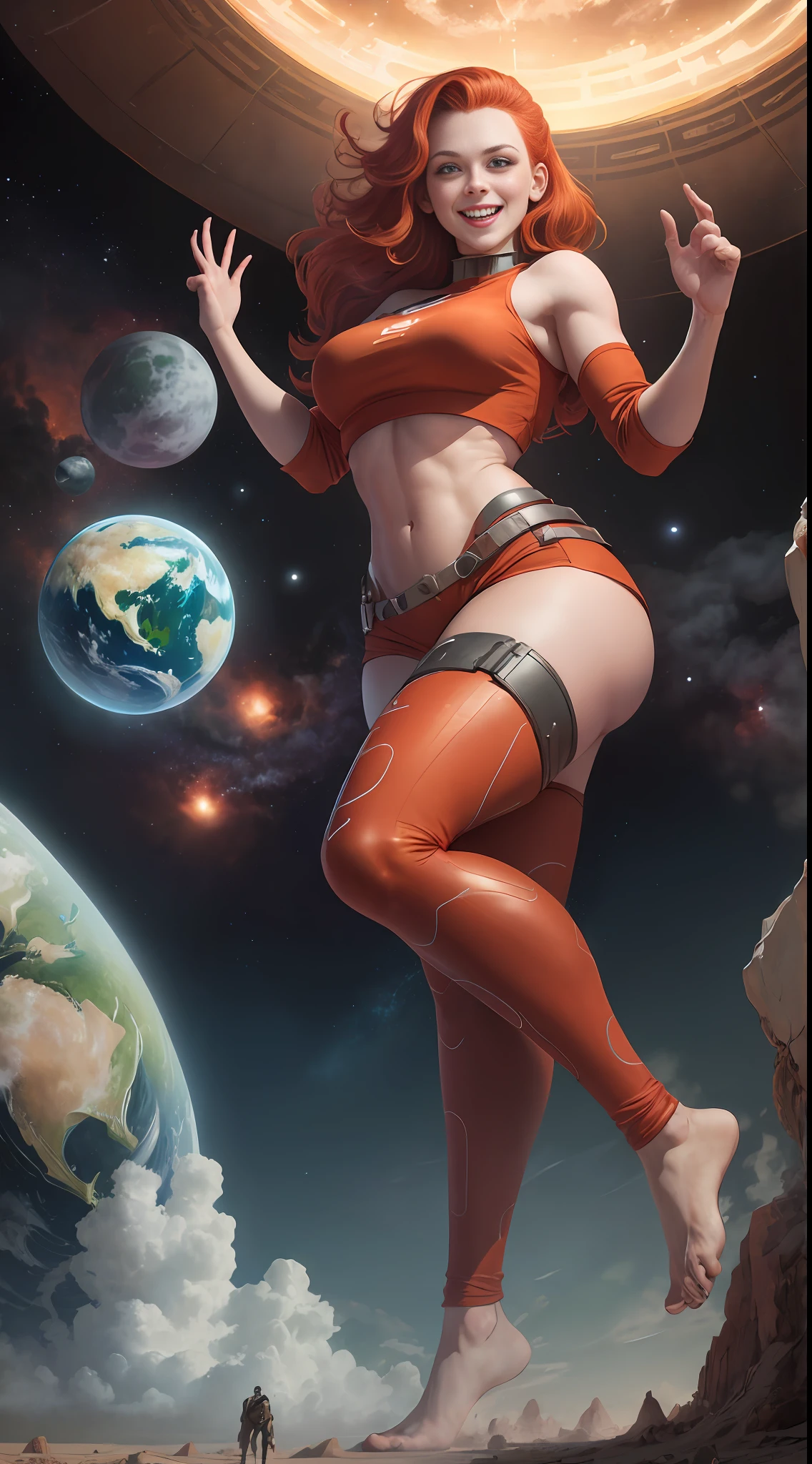 (((Towering over you)))), giant woman with provocative crop top, red hair, smiling badly, standing on a planet in space with her whole body in sight, barefoot, no shoes, exposed feet, soles