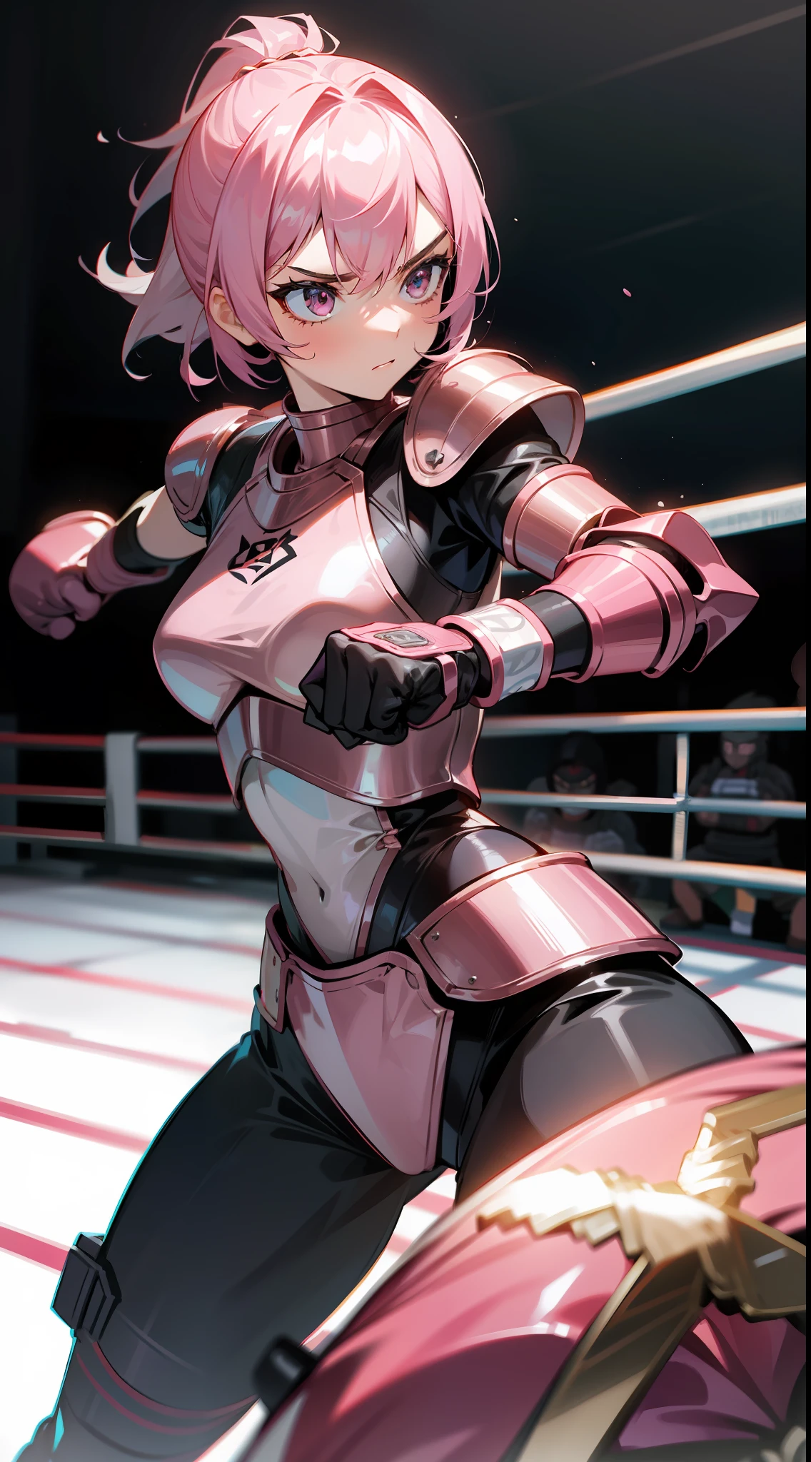 A woman in armor with metallic boxing gloves, black and pink armor, fighting pose, in a boxing ring
