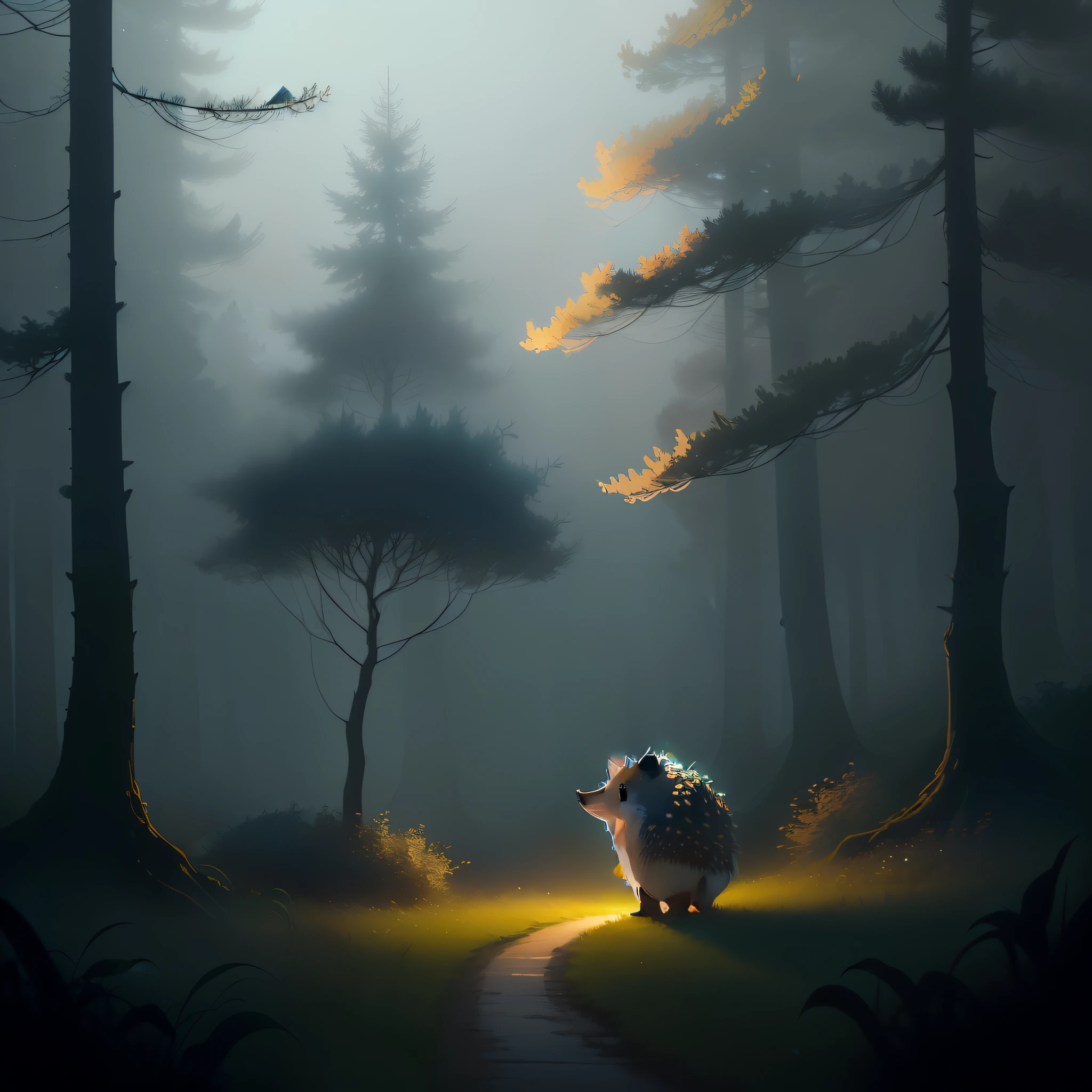 Hedgehog in the Fog, 2D animated style, delicate and detailed, dreamy atmosphere, misty forest in the background, silky smooth animation, nostalgic color palette, masterpiece