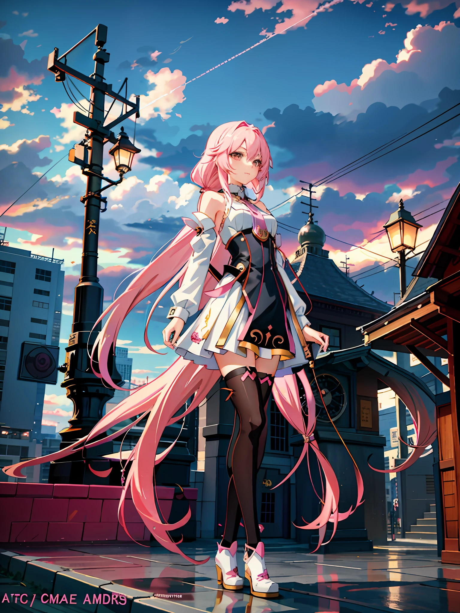 Pink gradient long hair anime girl, long hair anime girl, anime style 4 k, anime art wallpaper 8 k, anime art wallpaper 4 k, anime art wallpaper 4k, beautiful anime, anime wallpaper 4k, anime wallpaper 4k, beautiful fantasy anime, beautiful anime girl, 4k anime wallpaper, anime wallpaper, modern city background, tall buildings, black knee stockings. Overcast sky, overcast sky, dim light.