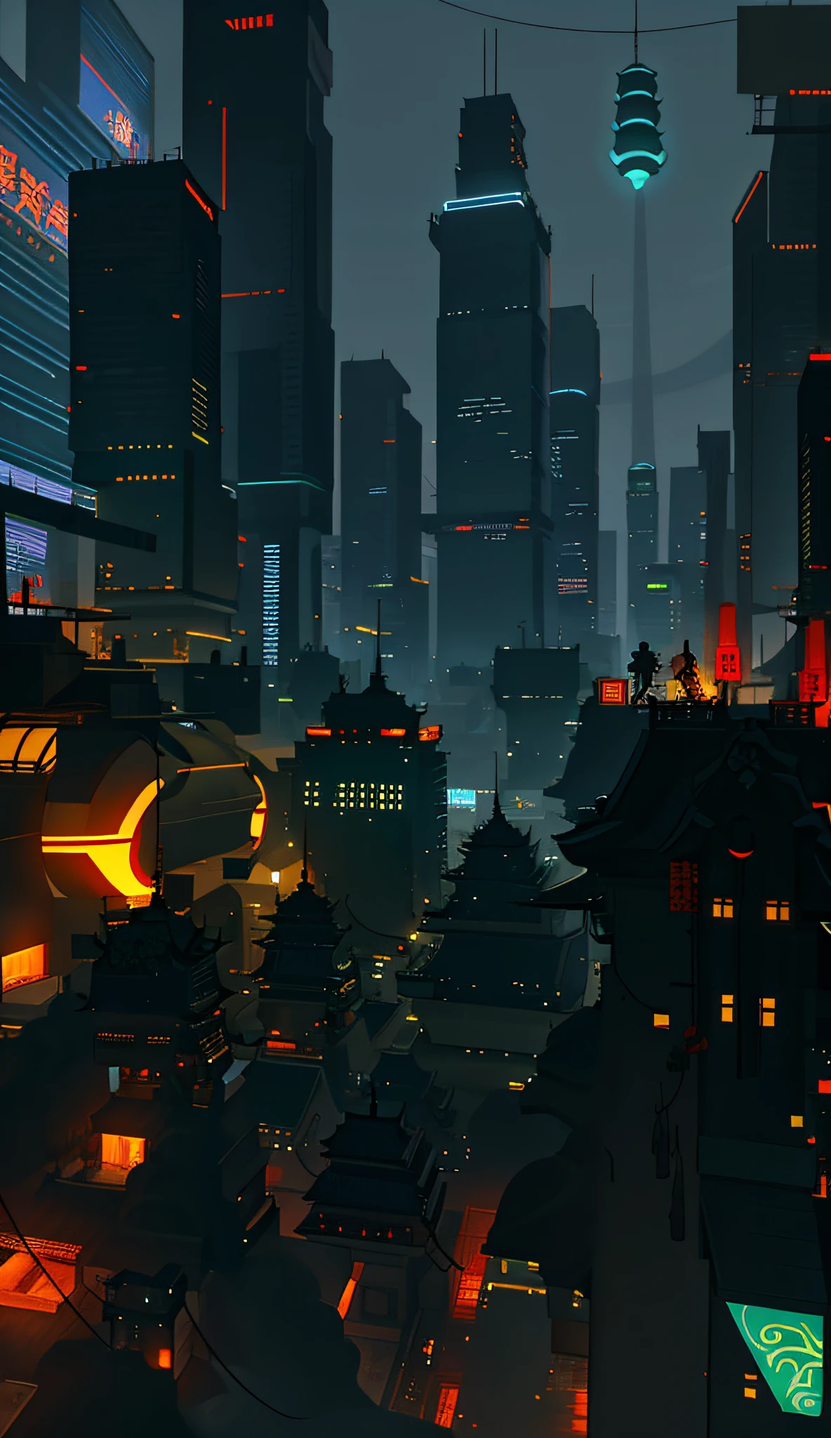 Cyberpunk, Chinese architecture, Chinese temples, Taoism, Buddhism, spaceships, mecha