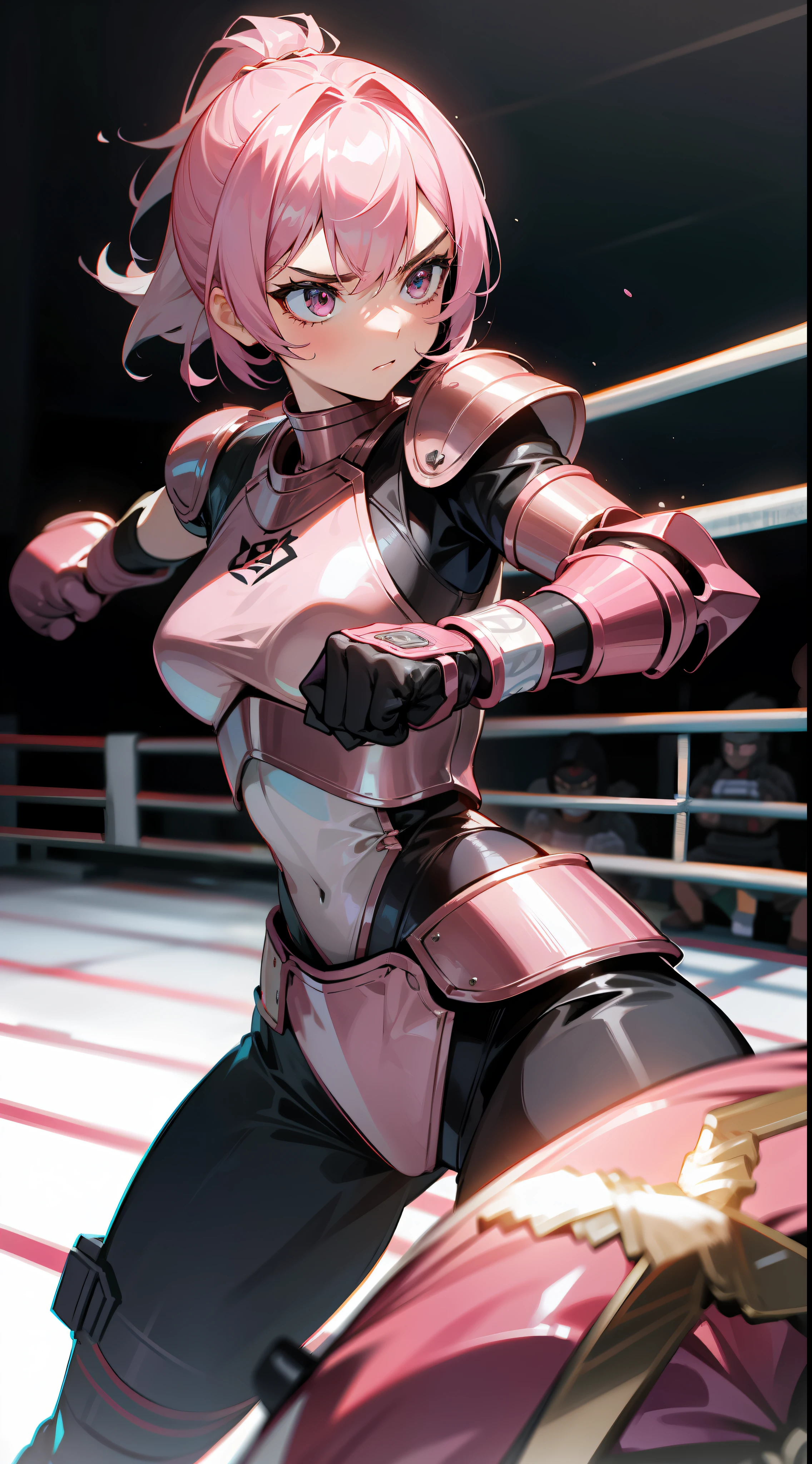 A woman in armor with metallic boxing gloves, black and pink armor, fighting pose, in a boxing ring