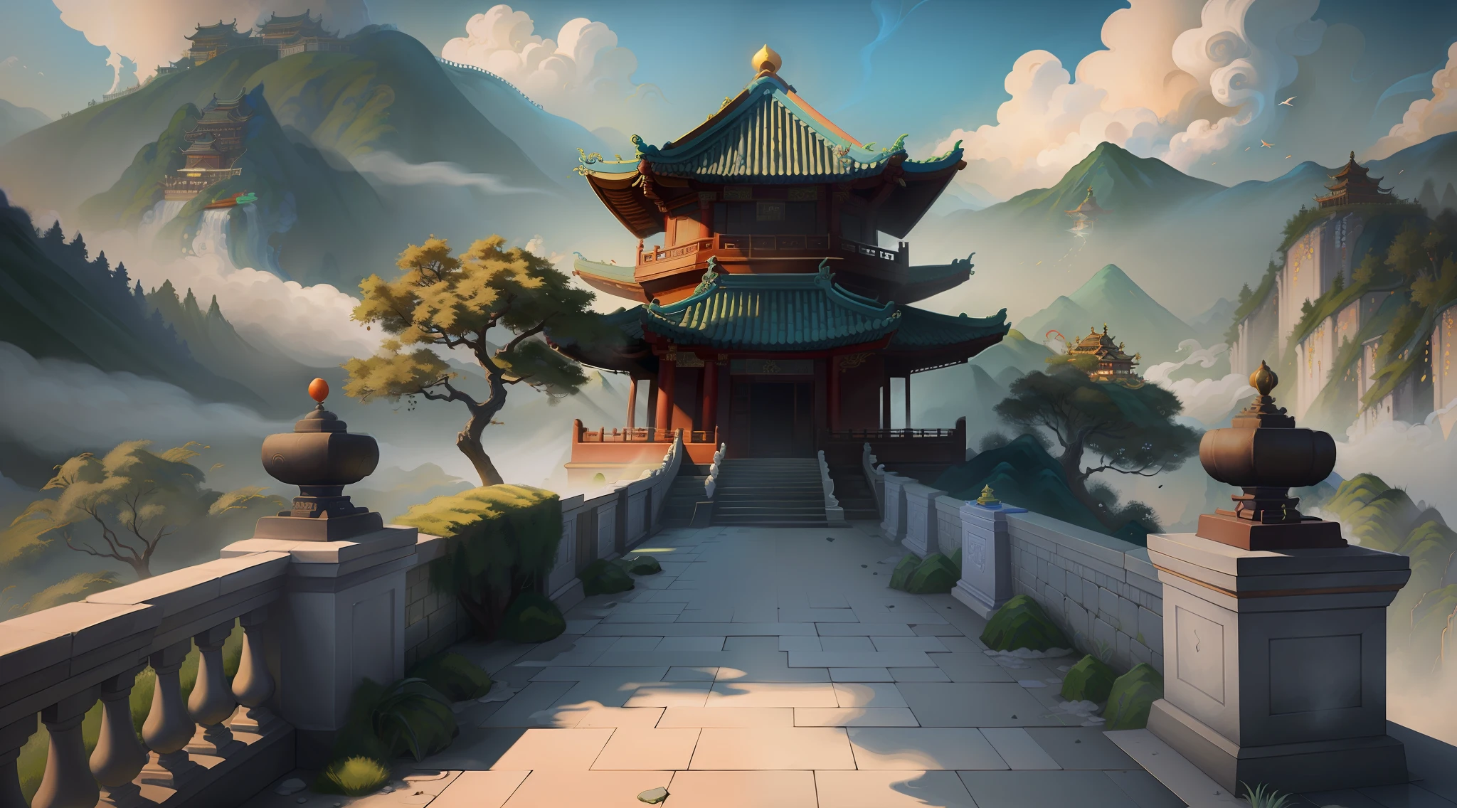 (Pixar style: 1.2), game scene, ancient Chinese palace is located above the clouds, South Heavenly Gate, cloudy and misty, majestic, glazed tiles, Buddha statues, colorful light, high quality, exquisite graphics, high detail, Chinese, 3D artwork, inspiration by Jin Yong, first-person perspective, video games, lighting, blender, OC renderer, dribbling high detail 8k, --v 6