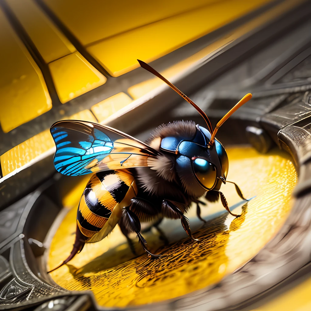 a golden emblem with a yellow wasp on it which has read eyes, blue background --auto --s2