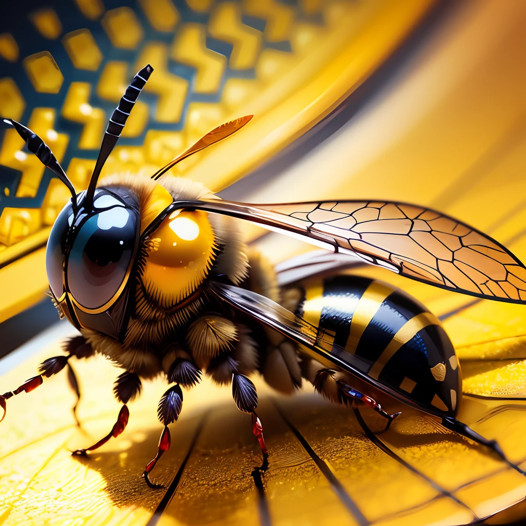 a golden emblem with a yellow wasp on it which has read eyes, blue background --auto --s2