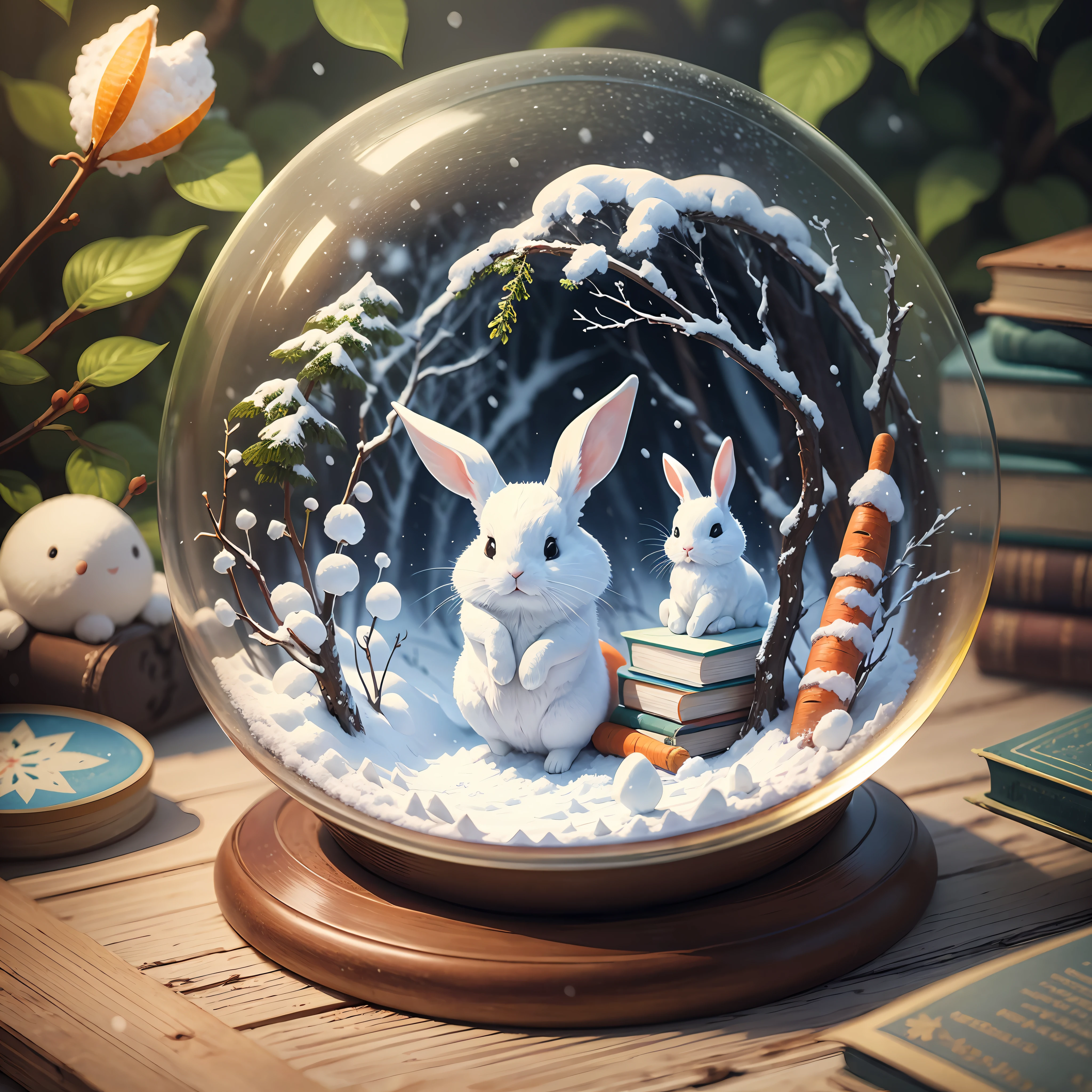 Snow globe, 1 white rabbit, round glasses, ridiculous resolution, (masterpiece: 1.6), super detailed, old book, in the forest, standing, holding a carrot --auto --s2