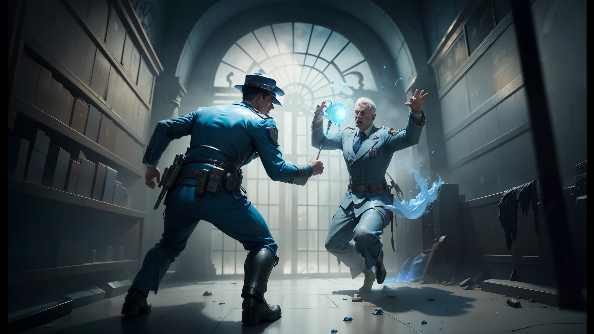 two men in uniform are fighting with a blue substance, highly detailed surreal vfx, vfx, mage fighting a ghoul, houdini vfx, vfx art, call of duty zombies, hyperrealistic fantasy art, from netflix's arcane, fabian wagner cinematography, riot entertainment realistic, realistic fantasy photography, bioshock infinite, realistic vfx simulation, hyper realistic vfx simulation --auto --s2