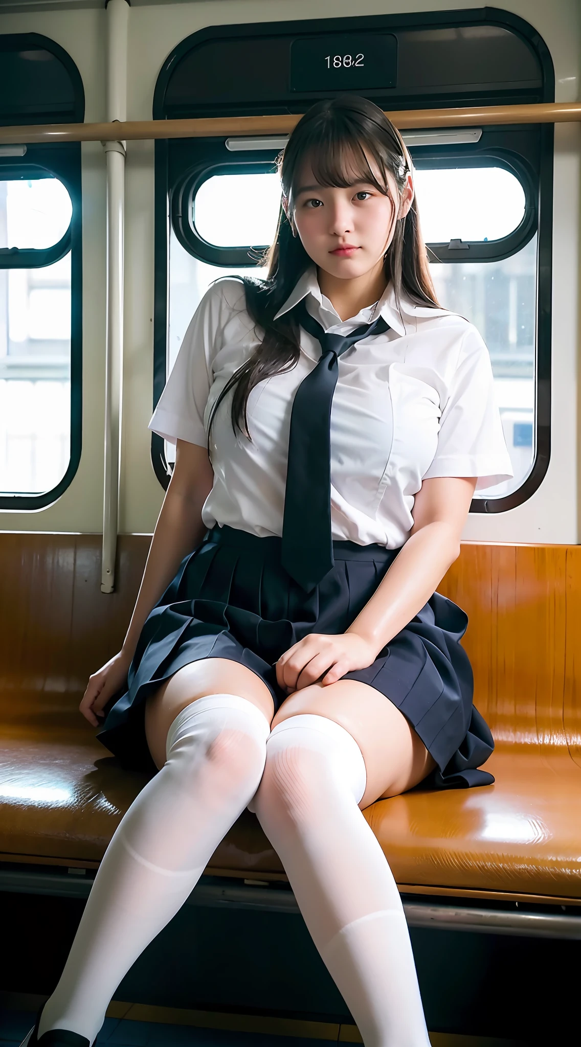 High school uniform in train, wet Japan, close-up portrait of beautiful woman, room, plump, (huge: 1.85), full body photo, (over knee socks: 1.2),