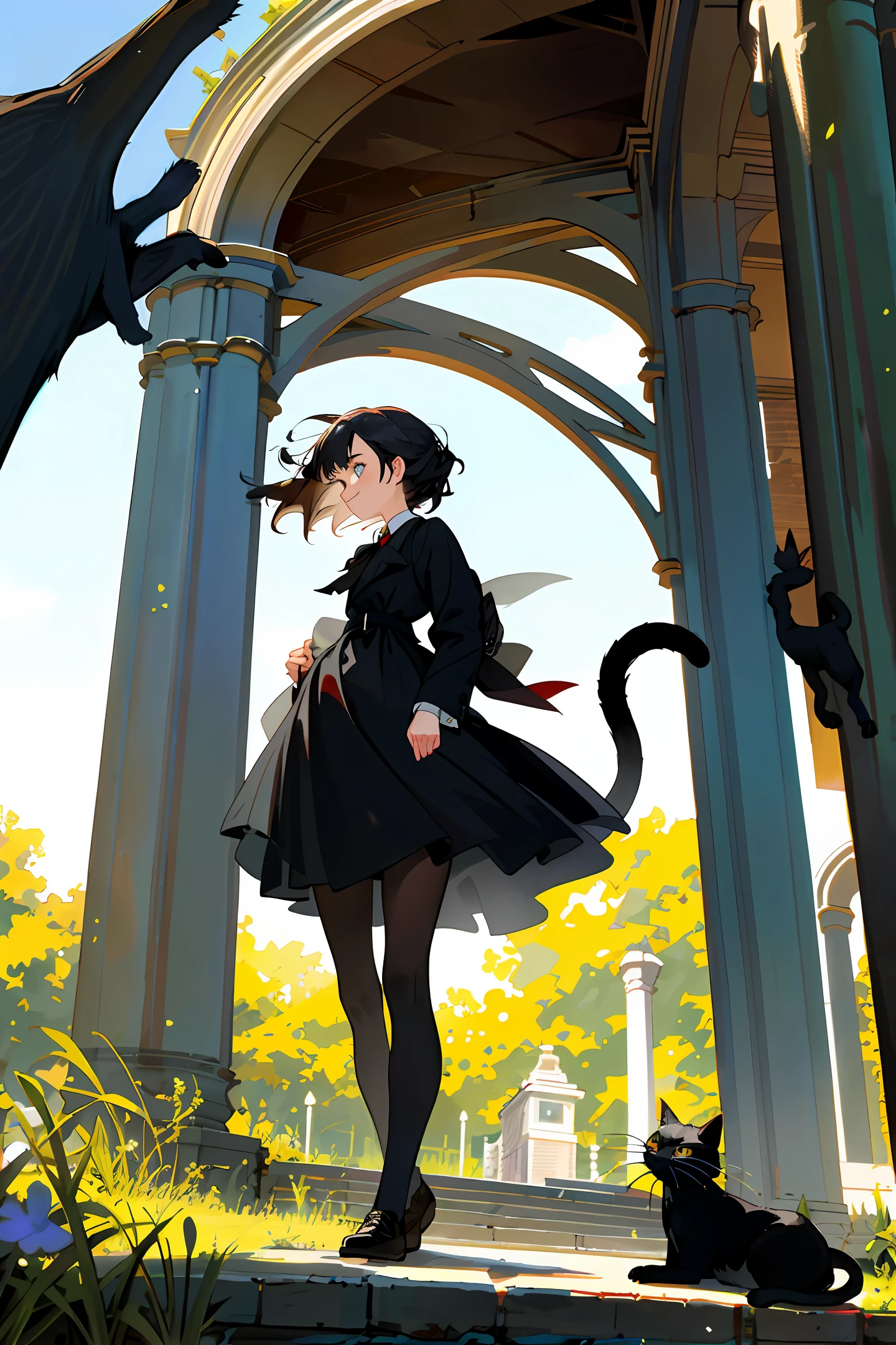 A girl and a black cat under the arch, Edward Hope style