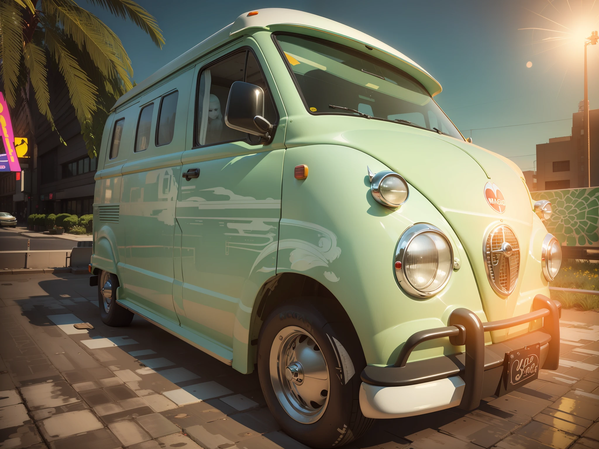 The body of the Wagen Van is mainly painted by Gardenia, and the entire side of the Wagen Van is painted in American Pop Art with graphic-style illustrations inspired by Times Square. Delicate Details, Detailed Background, Delicate Drawing, High Quality, High Quality, High Resolution, 8K, Masterpiece --auto --s2