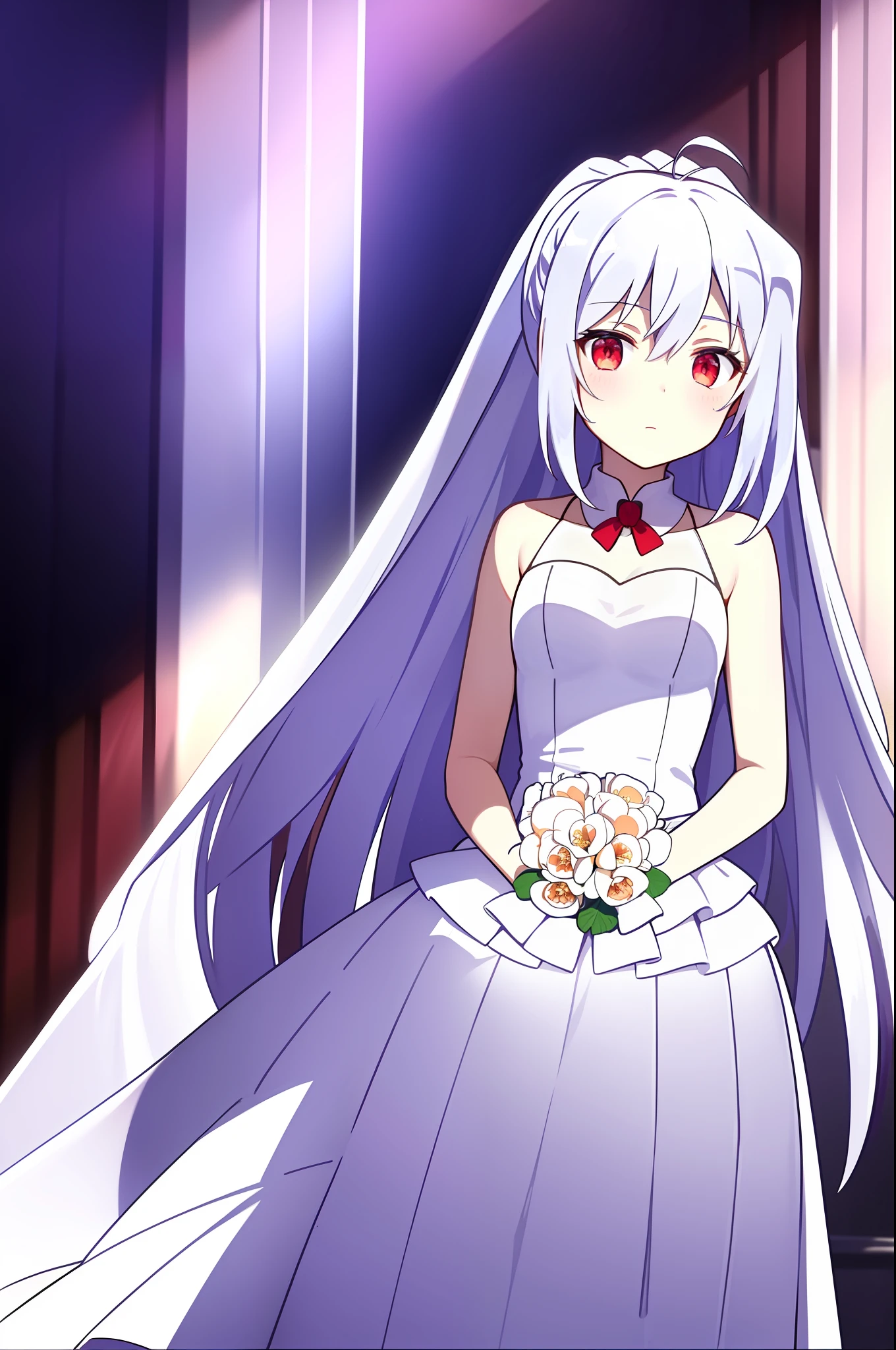 (masterpiece, best quality, hi-res:1.2),1girl, long hair, solo, red eyes, ahoge,(wedding dress),white hair,