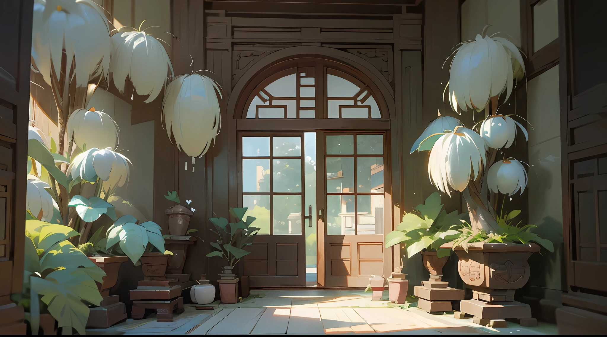 (Antique interior design), Chinese home furnishings, circular porch, depth, symmetrical design, (carved beams and paintings, tables and chairs, bonsai, vases, porcelain, trees, flowers, Chinese lamps, embroidery, screens, beds, cushions), exquisite home, rich details, ancient Chinese Ming Dynasty style, quiet and elegant atmosphere, cold color as the keynote, delicate and soft painting style, movie-level lighting effects, high-definition picture quality, , soft light, Tyndall effect, dreamy, rich details, reference Gu Kaizhi, 32k --niji 5