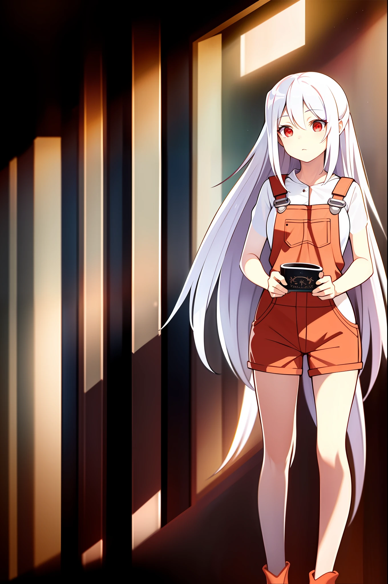 (Masterpiece, Best Quality, High Resolution: 1.2), 1 Girl, Long Hair, Solo, Red Eyes, Ahog, Overalls, White Hair,
