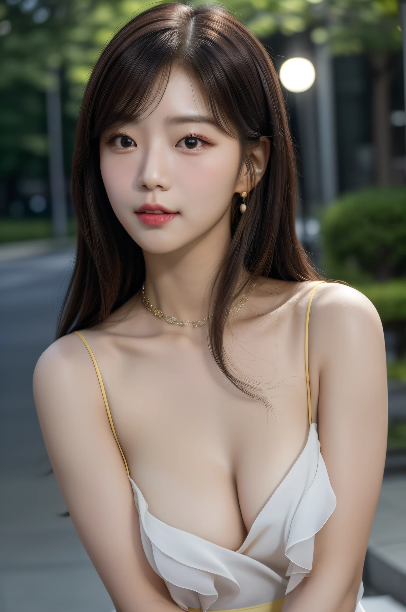 half-body photo of a korean girl, (Perfect beauty:1.37), ((platinum brown hair)), medium(((perfect natural breasts))), cleavage, ((dynamic pose)),
sexy collarbone, oval face, double eyelids, smart peach blossom eyes, pink lips, small nose, bangs, (standing), earrings, ribbon choker,
bare shoulders, (((light yellow chiffon summer dress))), (Outdoor, Night, Bokeh:1.125), Park view, Super fine face, Fine eyes, Double eyelids,
(Clear focus), (Realistic lighting, Best quality, 8K, Masterpiece: 1.43),