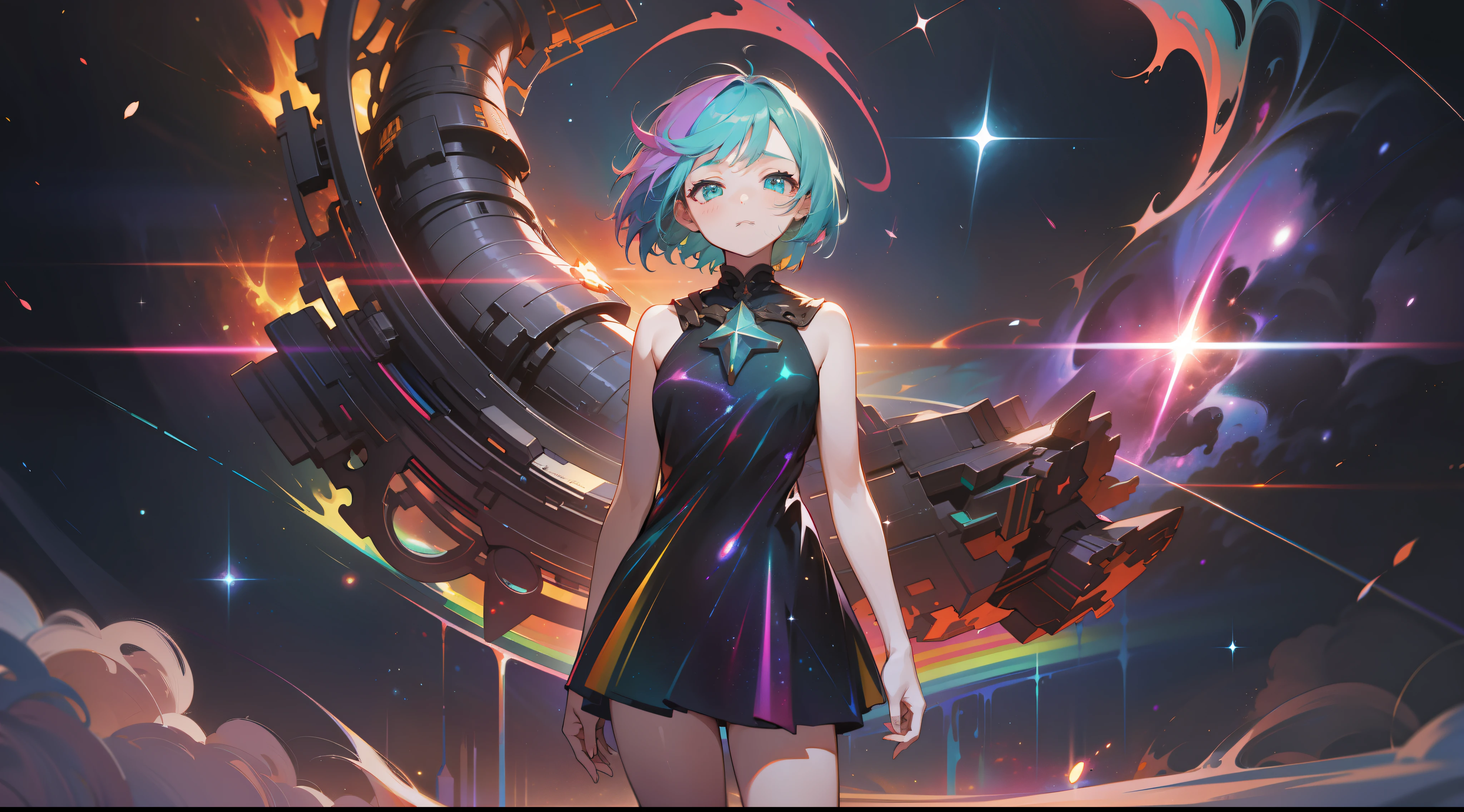 a girl, wildly rainbow colored short hair, dark fantasy, teal simple and short dress, barefoot, standing, cosmic nebula background, stars, galaxies