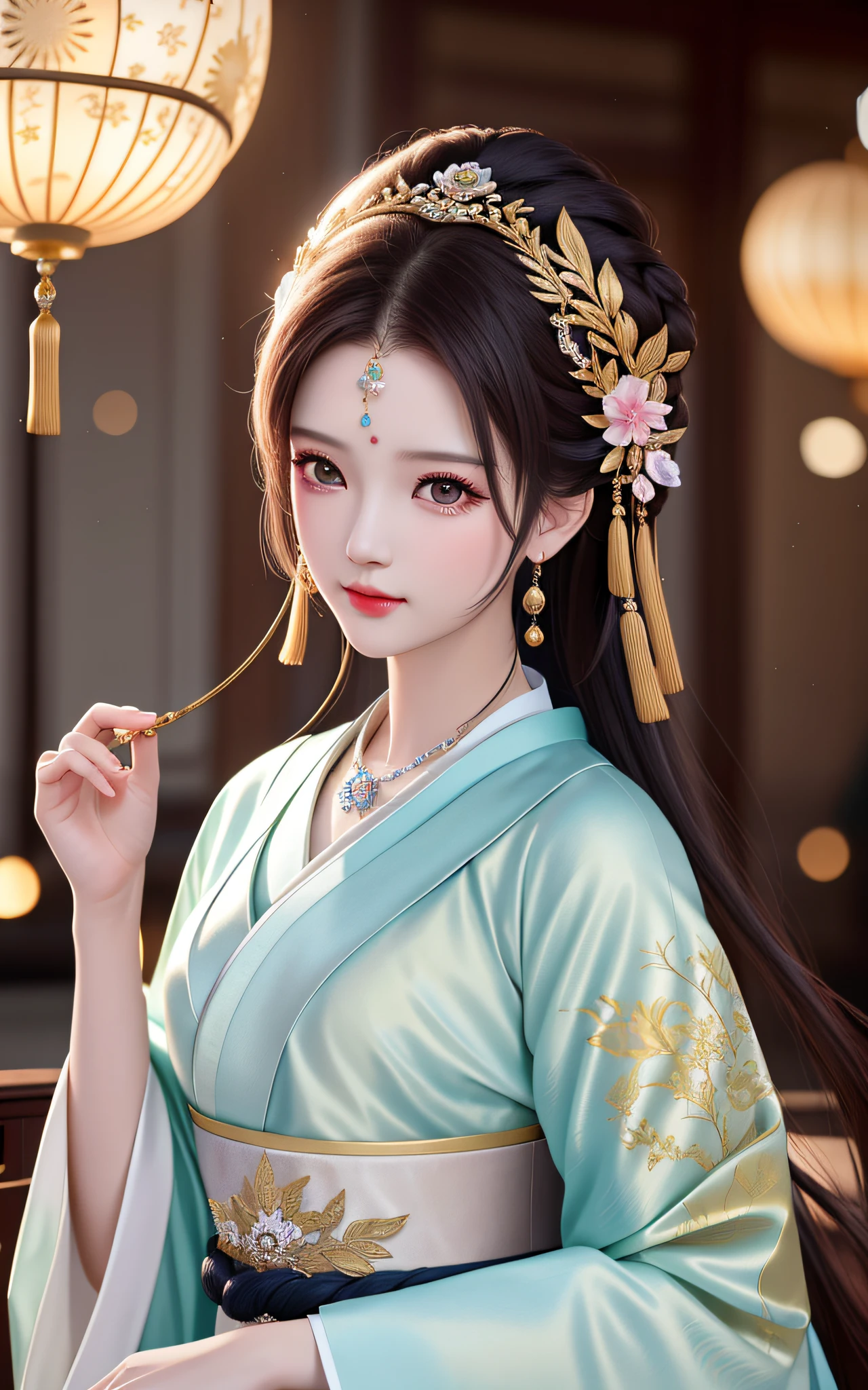 Best Quality, Masterpiece, High Resolution, 1girl, Ancient Hanfu (Noble, Luxurious, Elegance, Sophistication), Hair Accessories, Necklaces, Jewelry, Beautiful Face, upon_body, Tyndall Effect, Realism, Dark Studio, Edge Lighting, Two-tone Lighting, (High Detail Skin: 1.2), 8k UHD, DSLR Camera, Soft Lighting, High Quality, Volume Lighting, Frank, Photo, High Resolution, 4K, 8K, Bokeh