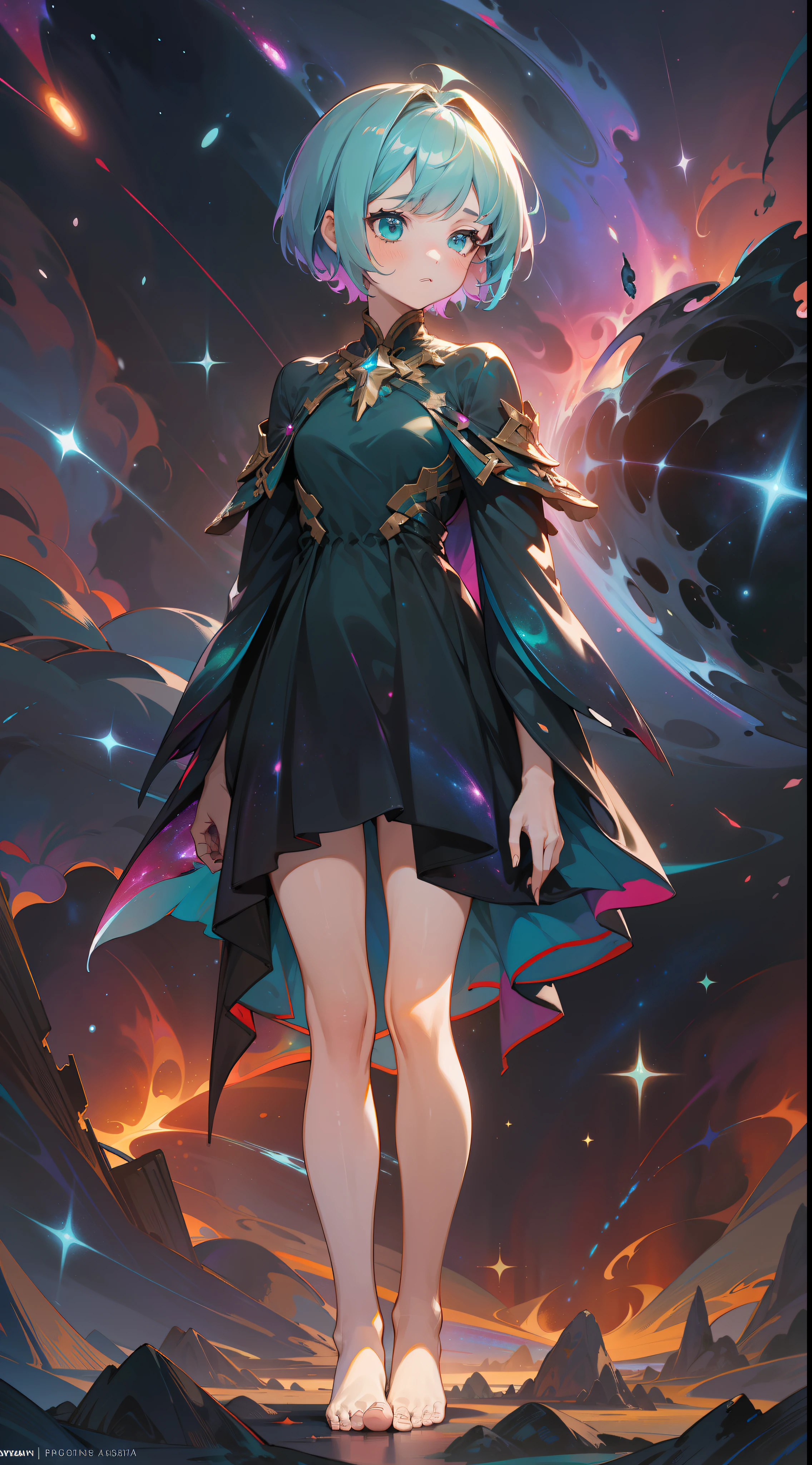 a girl, wildly colored short hair, dark fantasy, teal simple and short dress, barefoot, standing, cosmic nebula background, stars, galaxies