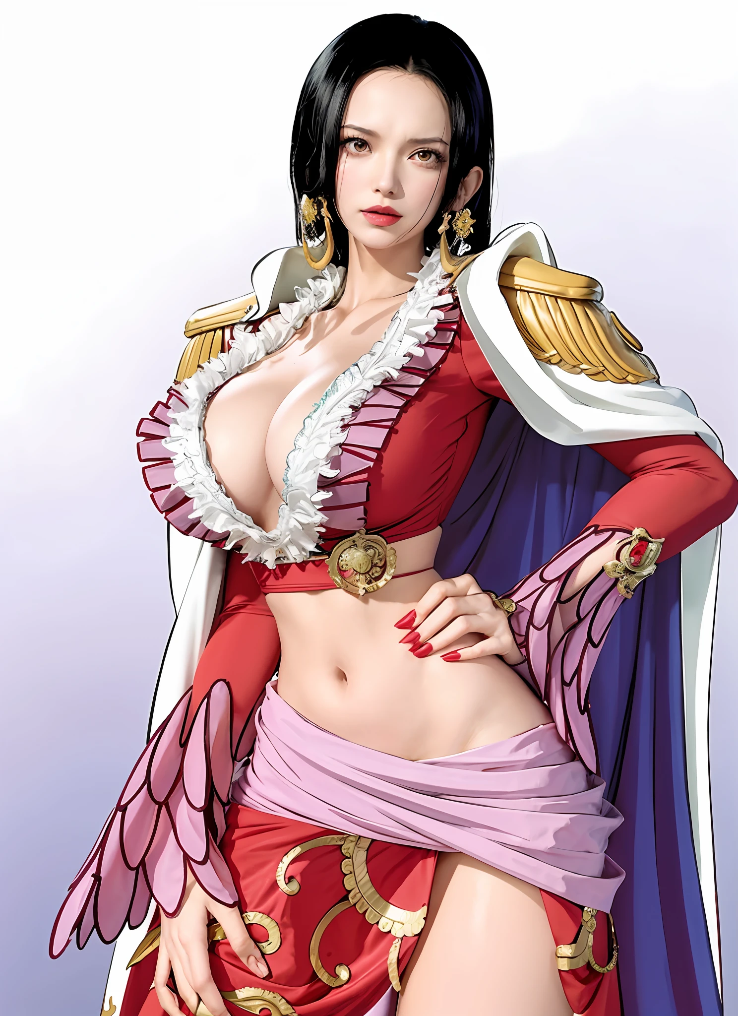 a close up of a woman in a red dress with a white cape, nico robin, from one piece, best anime character design, female anime character, oda non, anime woman fullbody art, official art, illustrious makinami, one piece, full colored, full body!!, full body close-up shot, anime character; full body art, nami one piece