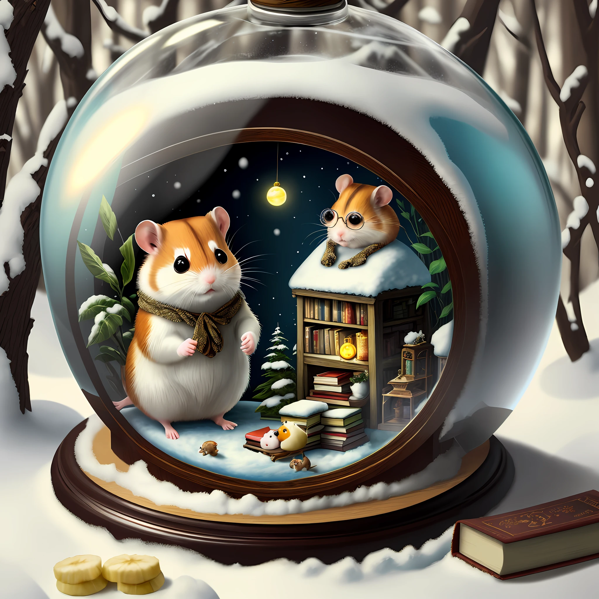 Snow globe, 1 hamster, round glasses, ridiculous resolution, (masterpiece: 1.6), super detailed, old books, in the woods, with banana chips