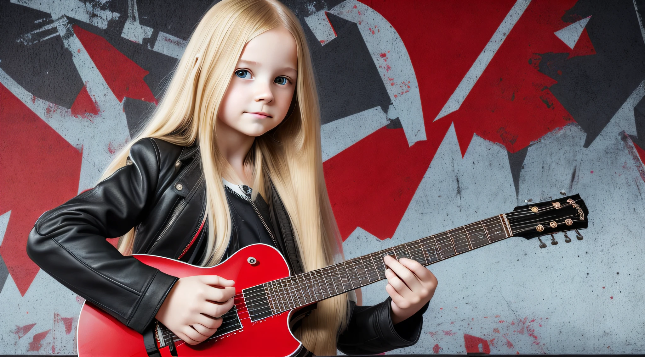 Russian style, girl children, portrait, long blonde hair with red leather jacket and black clothing, background with amplifiers and guitars,. --auto --s2