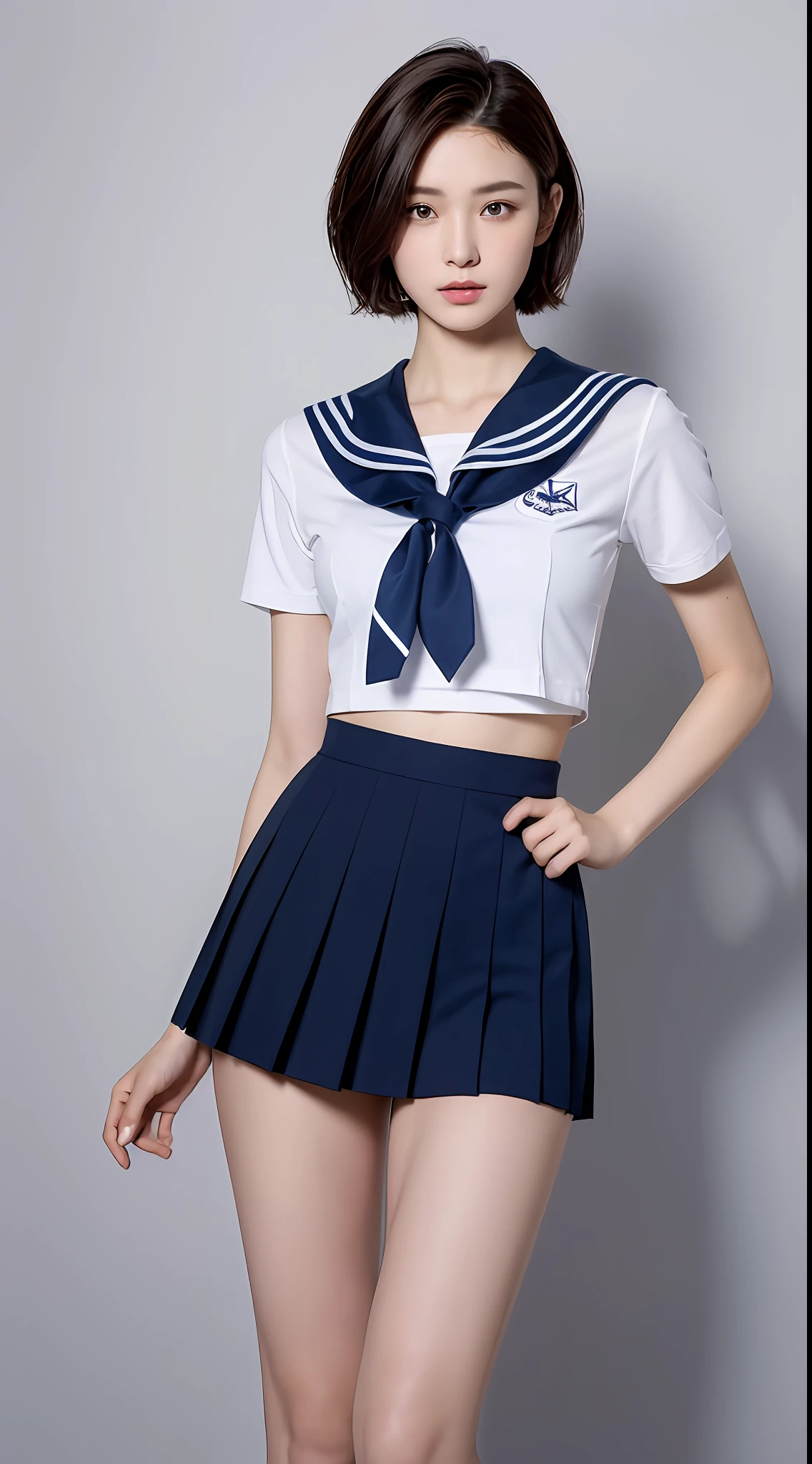 ((Top Quality, 8k, Masterpiece: 1.3)), 1 girl, Beauty with slender abs: 1.3, (Medium Short Hair, Big: 1.2), Sailor Suit: 1.1, Ultra Detailed Face, Detailed Eyes, Double Eyelids, Black Pleated Skirt, Full Body, Navel, Beautiful Legs, Thighs
