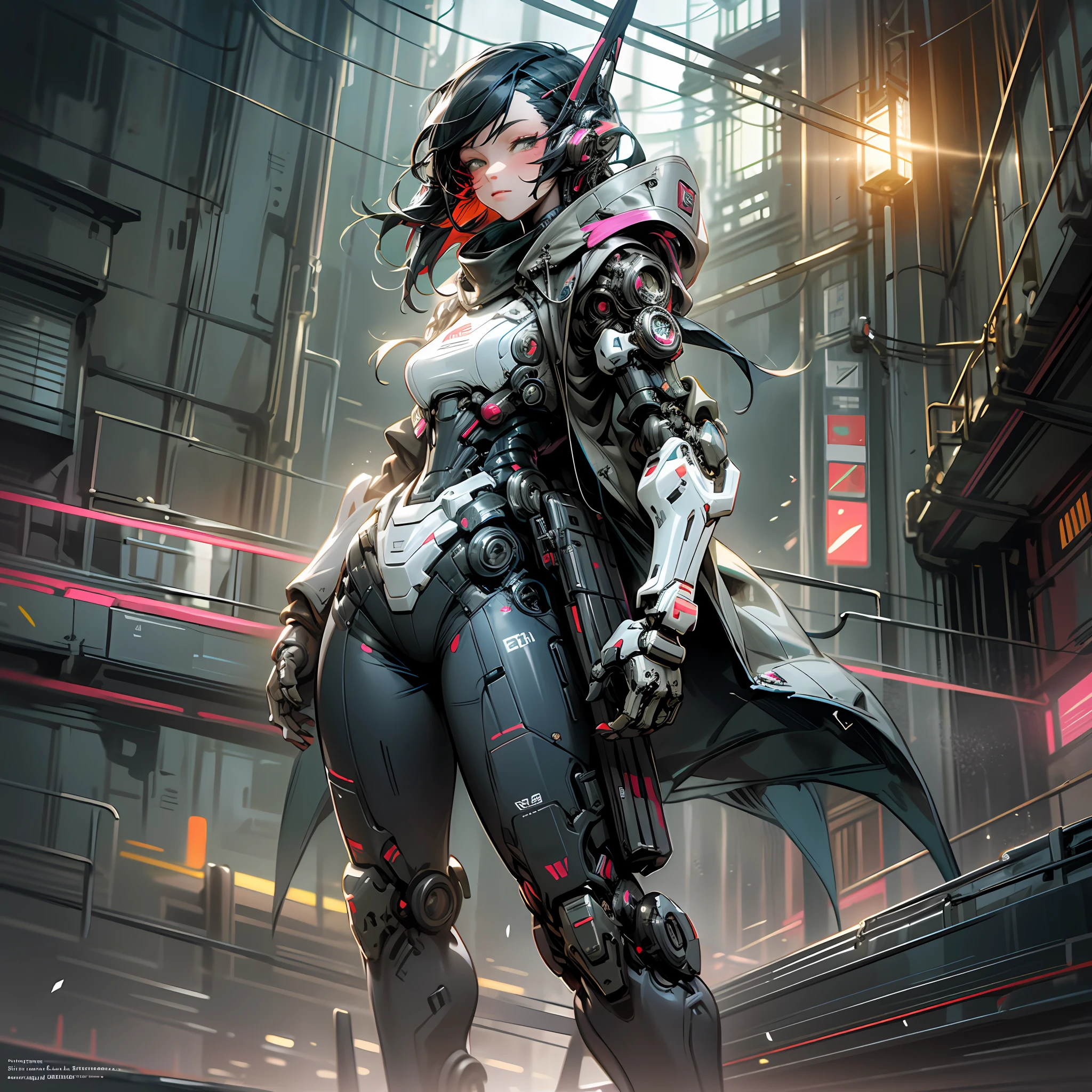 Dark_Fantasy,Cyberpunk, (Best quality, Masterpiece),1girl, beautiful vibrant colors, modern artstyle, cyberpunk,Mechanical marvel,Robotic presence,Cybernetic guardian,wearing a cybernetic trenchcoat,facing forward, dynamic lighting, dynamic camera angle,city, highest quality digital art, Stunning art, wallpaper 4k, highly detailed,full body, absolutely stunning art