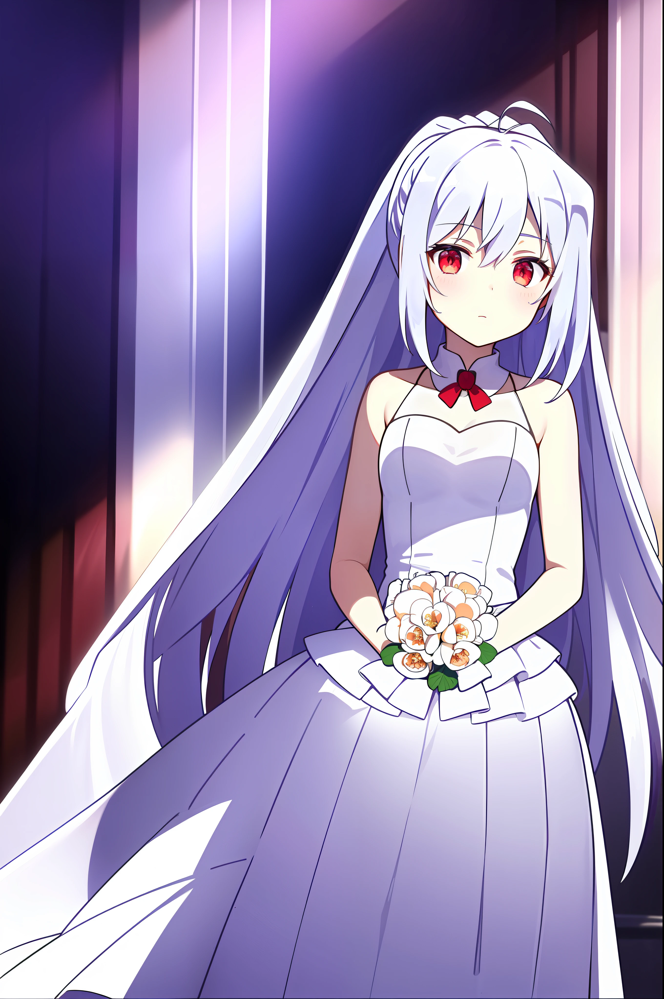 (masterpiece, best quality, hi-res:1.2),1girl, long hair, solo, red eyes, ahoge,(wedding dress),white hair,
