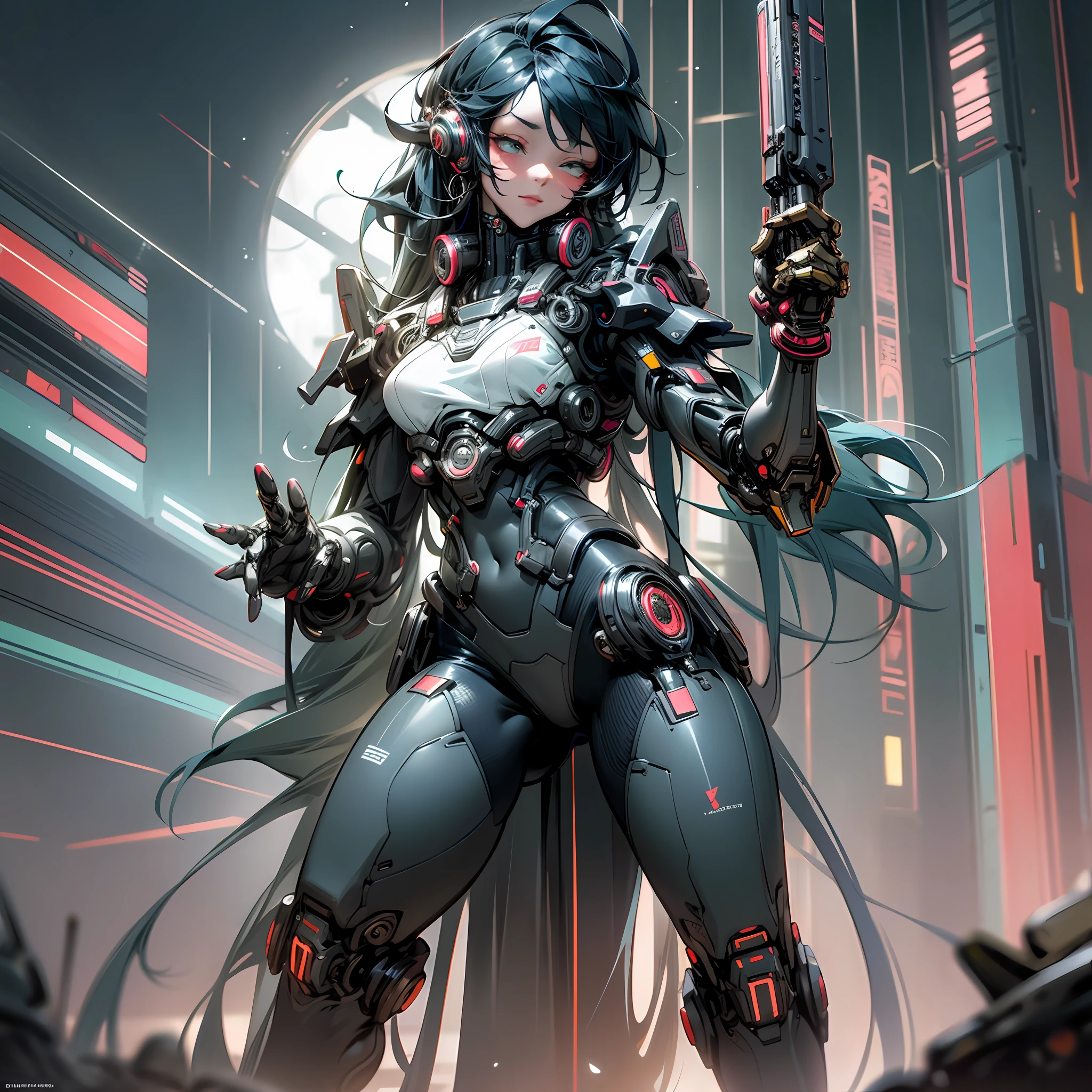 Dark_Fantasy,Cyberpunk, (Best quality, Masterpiece),1girl, beautiful vibrant colors, modern artstyle, cyberpunk,Mechanical marvel,Robotic presence,Cybernetic guardian,wearing a cybernetic trenchcoat,facing forward, dynamic lighting, dynamic camera angle,city, highest quality digital art, Stunning art, wallpaper 4k, highly detailed,full body, absolutely stunning art