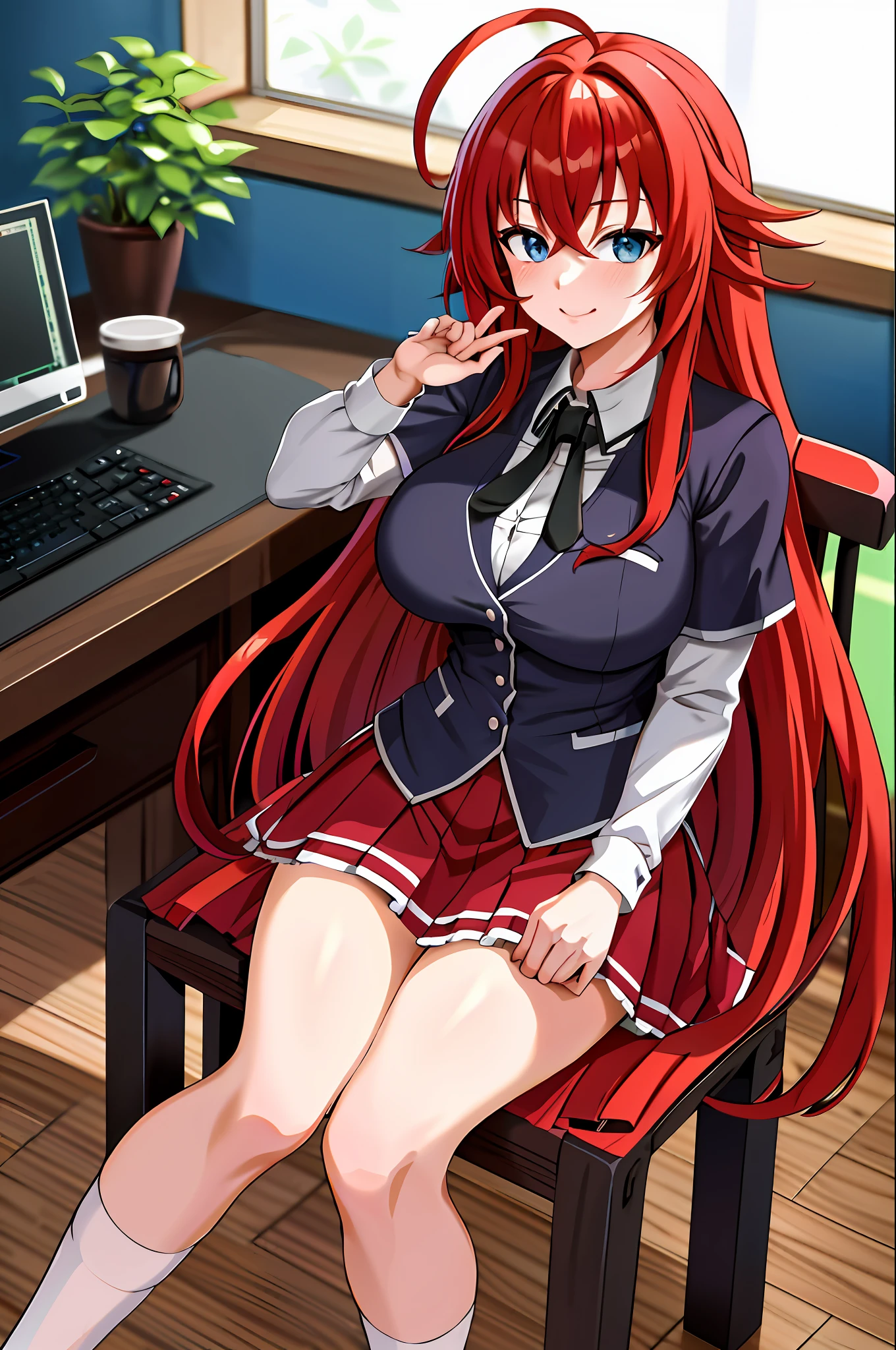 masterpiece, best quality, highres, best quality, highres, rias gremory, 1girl, long hair, school uniform, red hair, ahoge, blue eyes, large breasts, very long hair, breasts, skirt, huge ahoge, socks, sitting, office, chair, desk, computer,